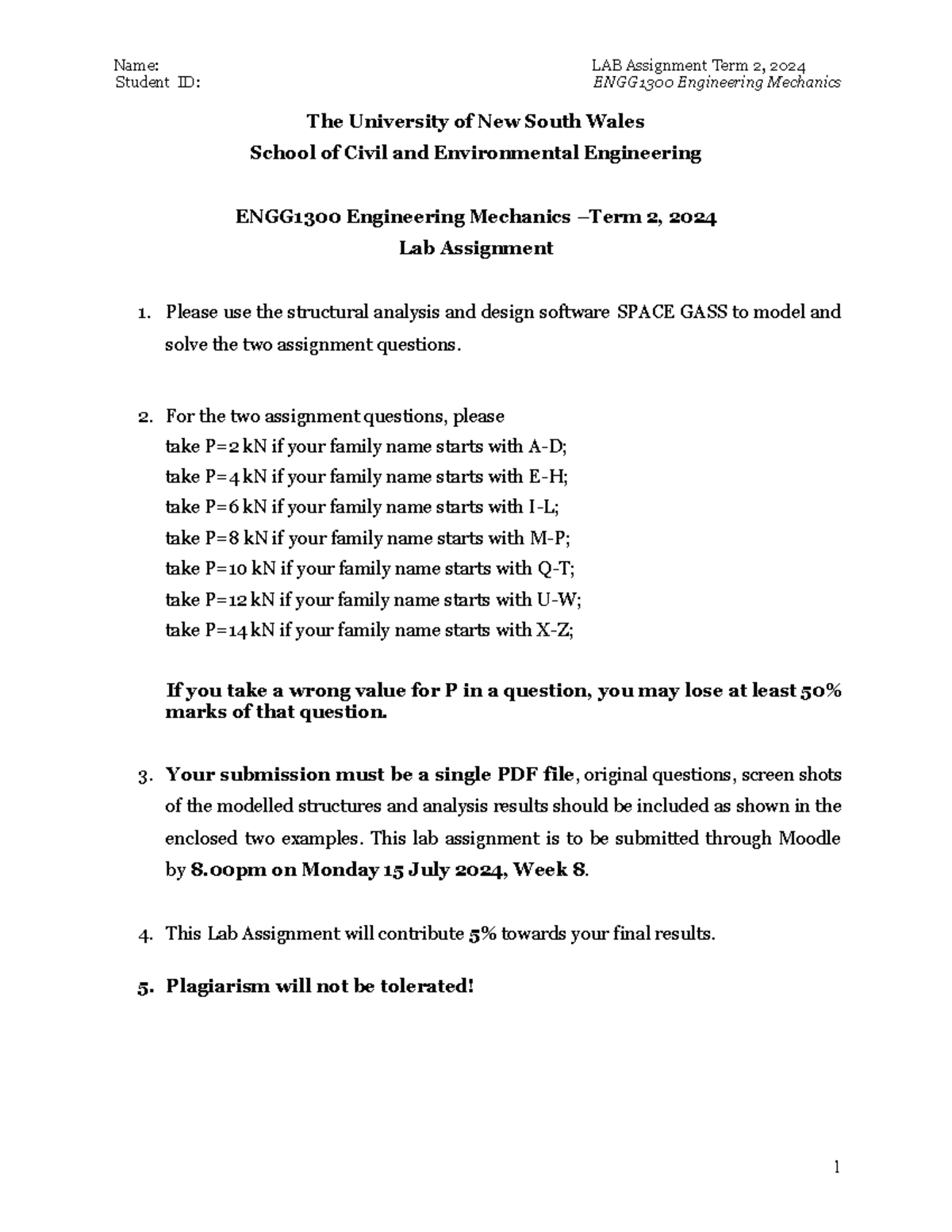 ENGG1300 Lab Assignment Notes: Structural Analysis & Design 2024 - Studocu
