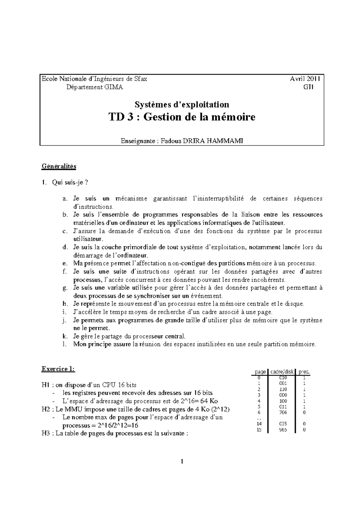 Gestion de la Mémoire - Exercice SE Serie 3 - GI1 - Studocu