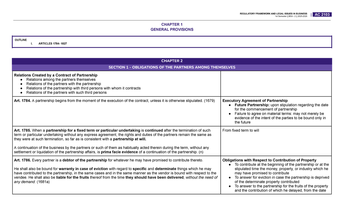 sAC 2103s Chapter 1 & 2: General Provisions & Partner Obligations ...