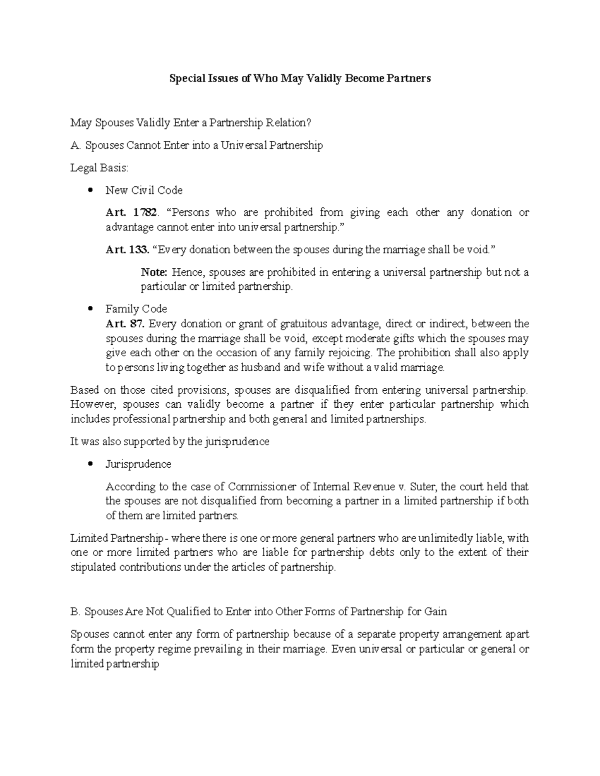 Legal Framework on Partnership Validity for Spouses and Corporations ...