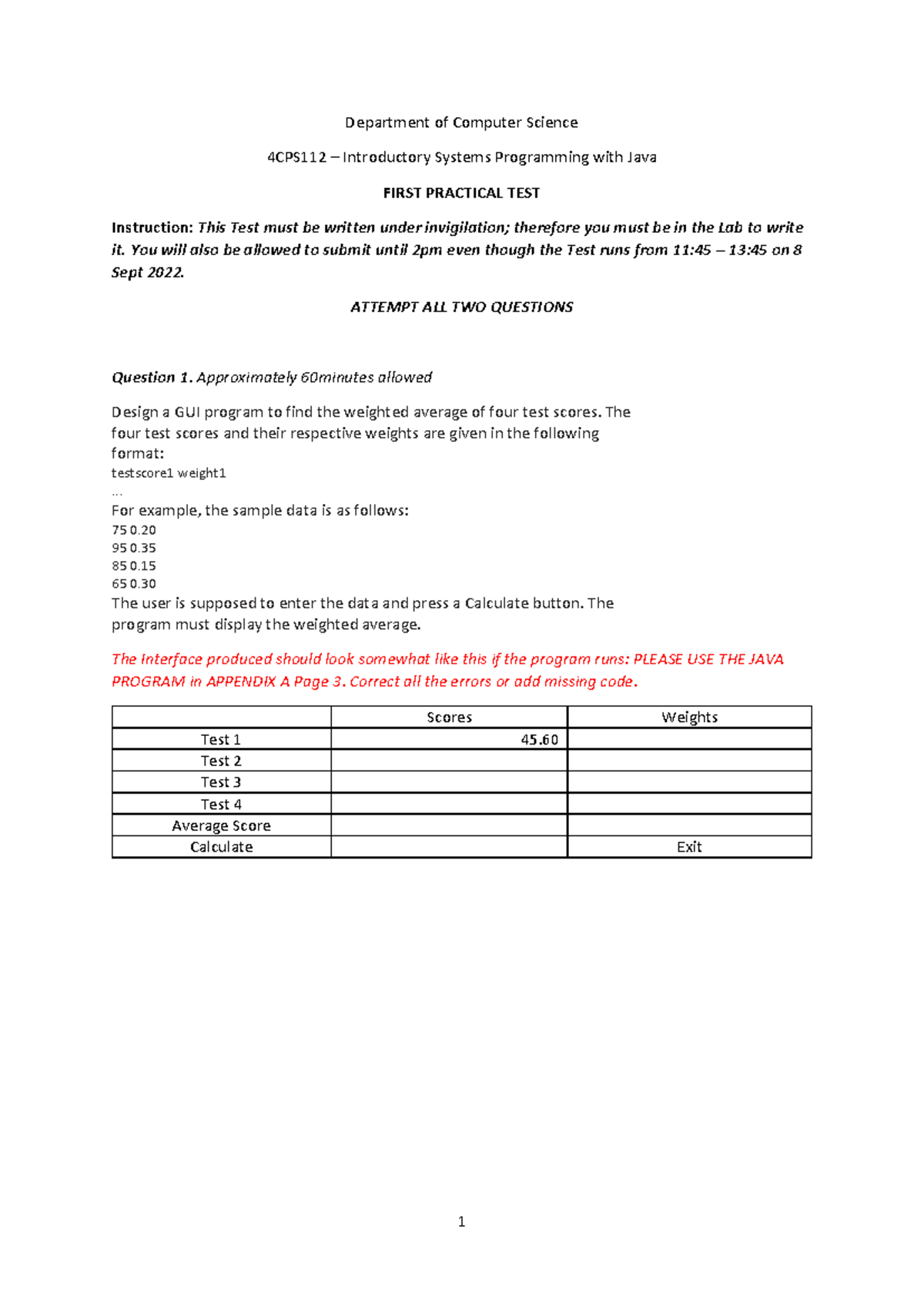 Practical Test 1 (4CPS112) - Weighted Average Computation in Java - Studocu