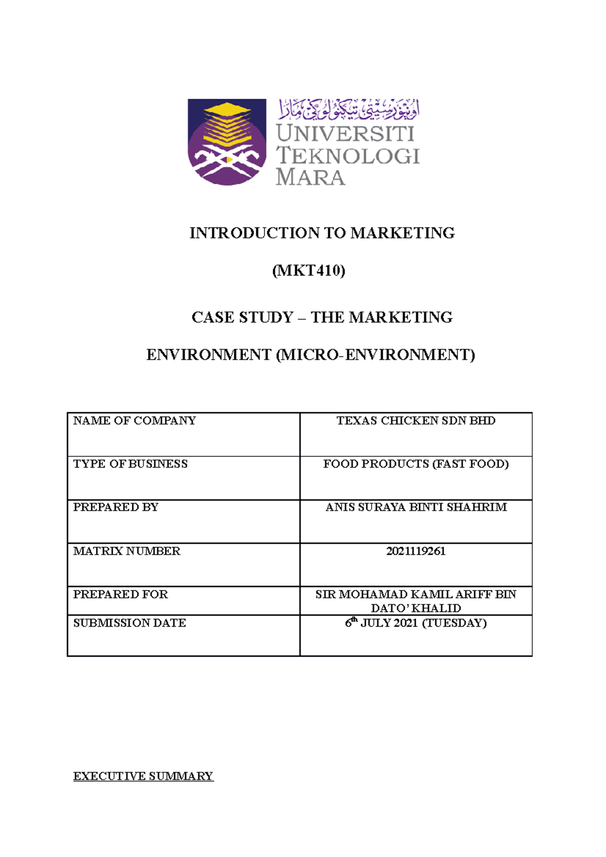 MKT410 Case Study: Micro-Environment Analysis of Texas Chicken - Studocu