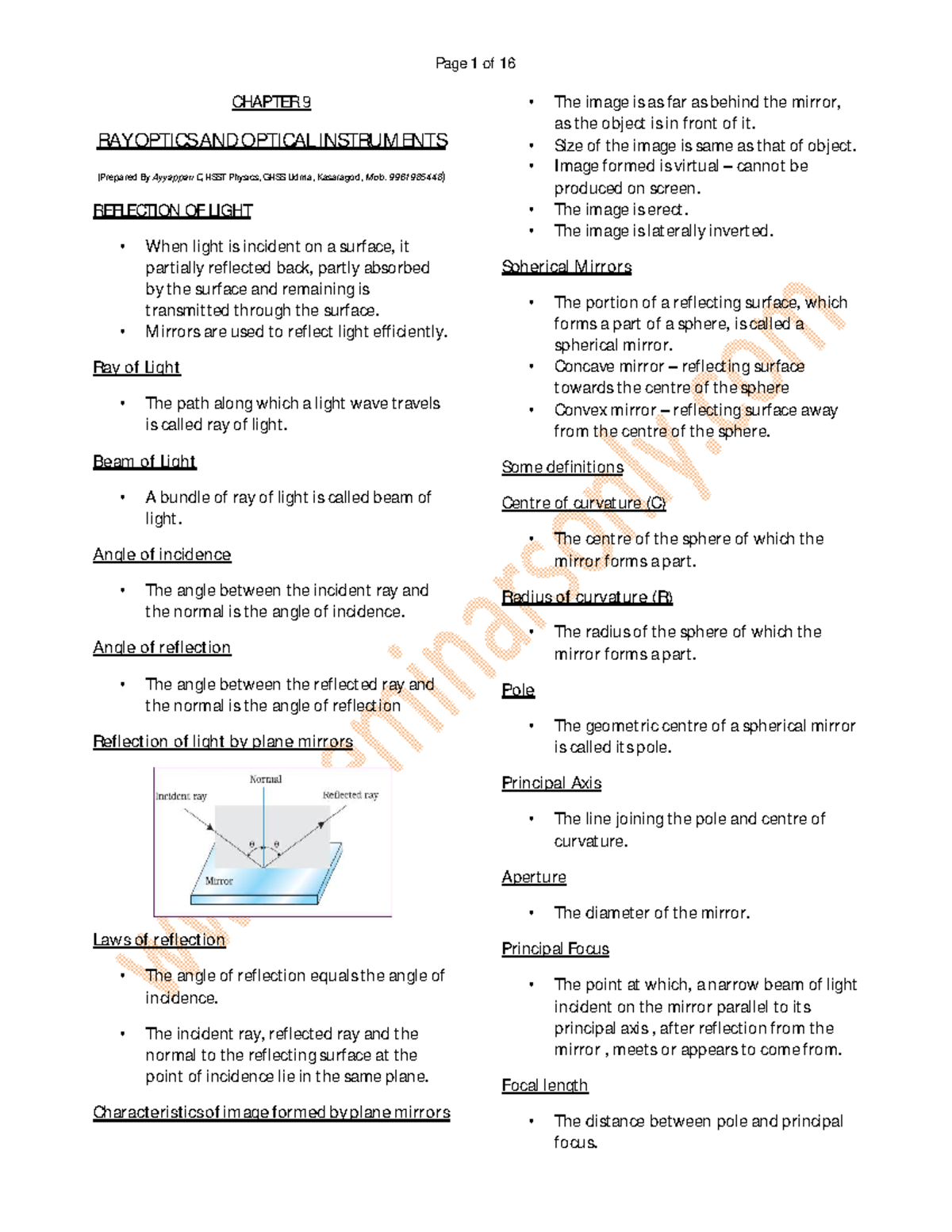 RAY Optics - Lecture Notes (Chapter 9) on Reflection and Refraction ...
