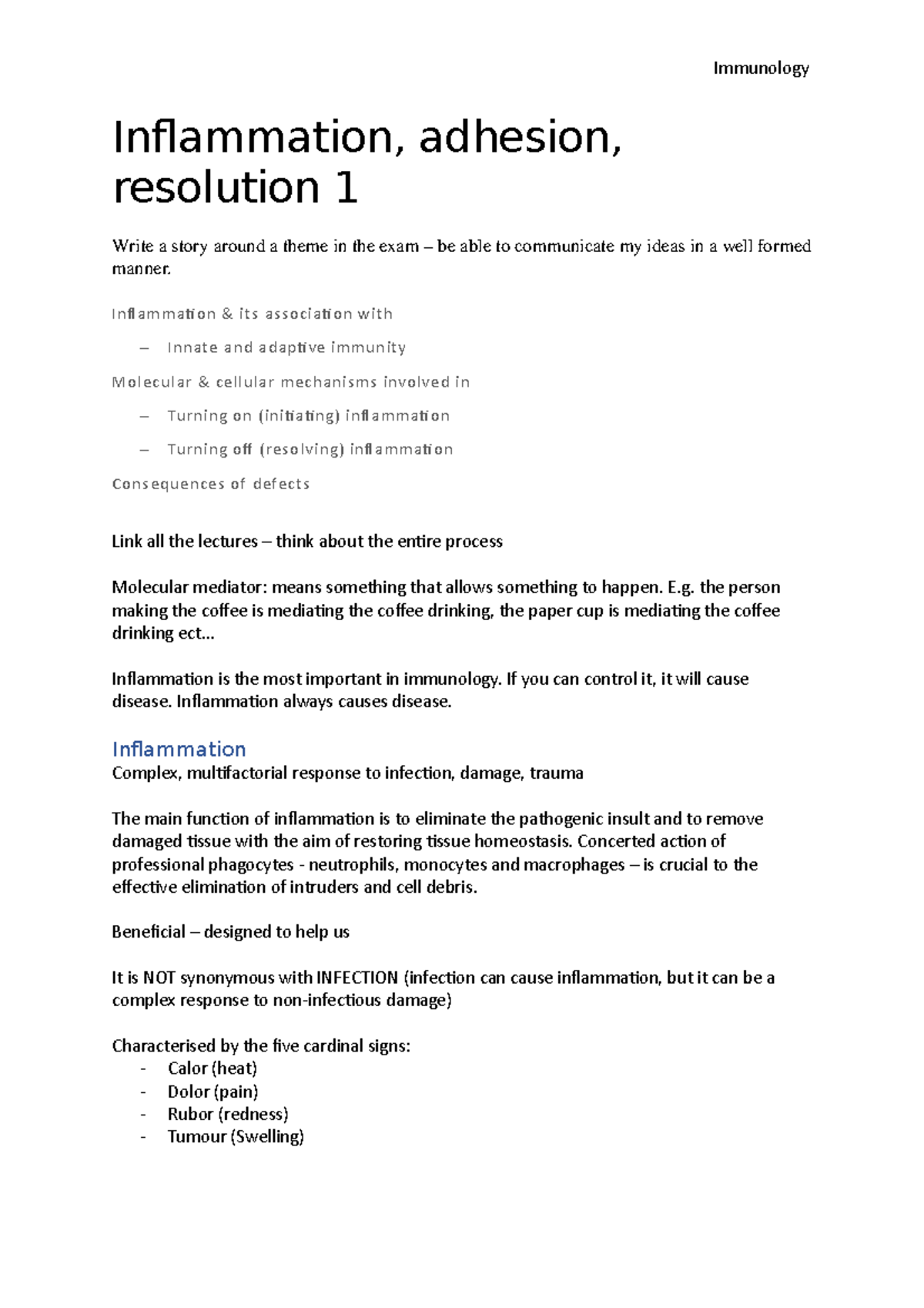 Immunology 101: Inflammation Lecture & Revision Notes - Studocu