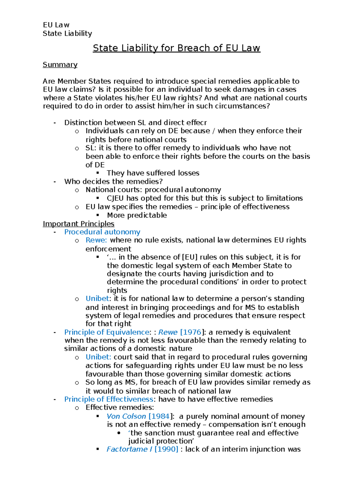State Liability for Breach of EU Law: Comprehensive Revision Notes ...