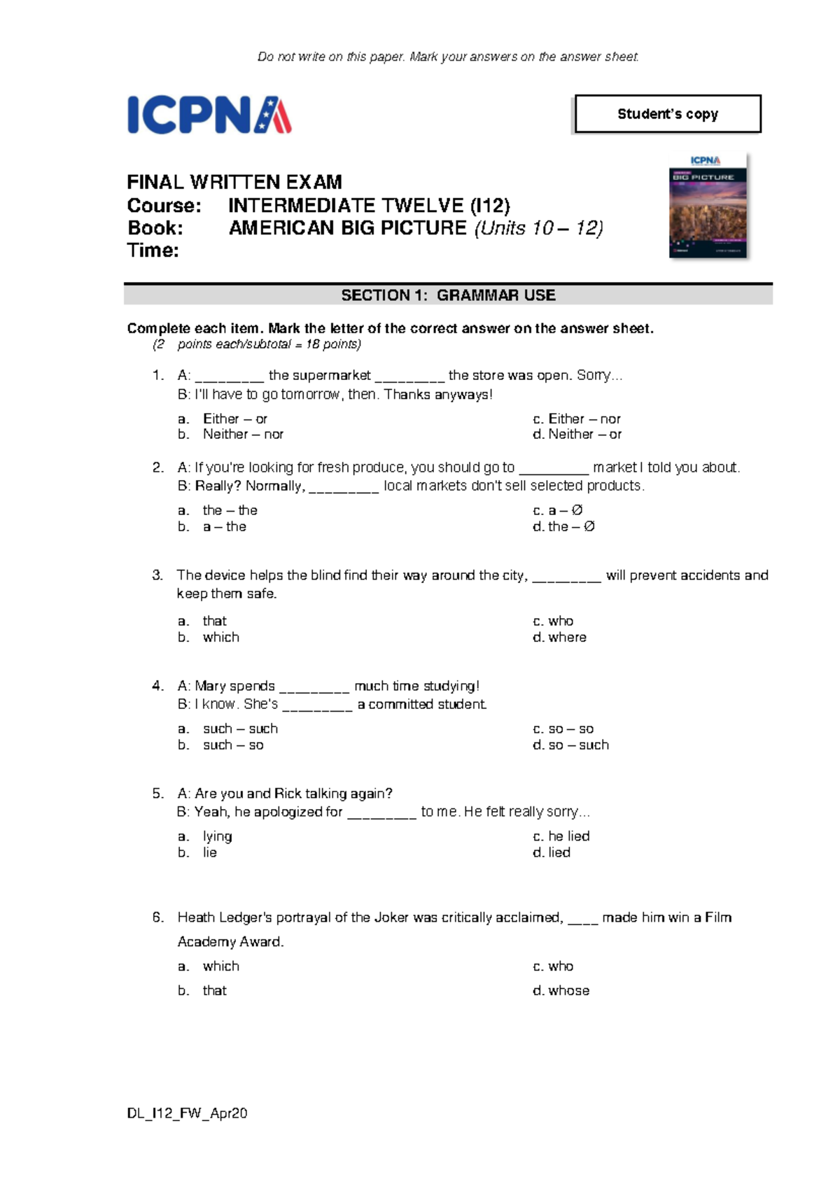 I12 Final Written Exam - Grammar & Vocabulary Practice - Document Preview
