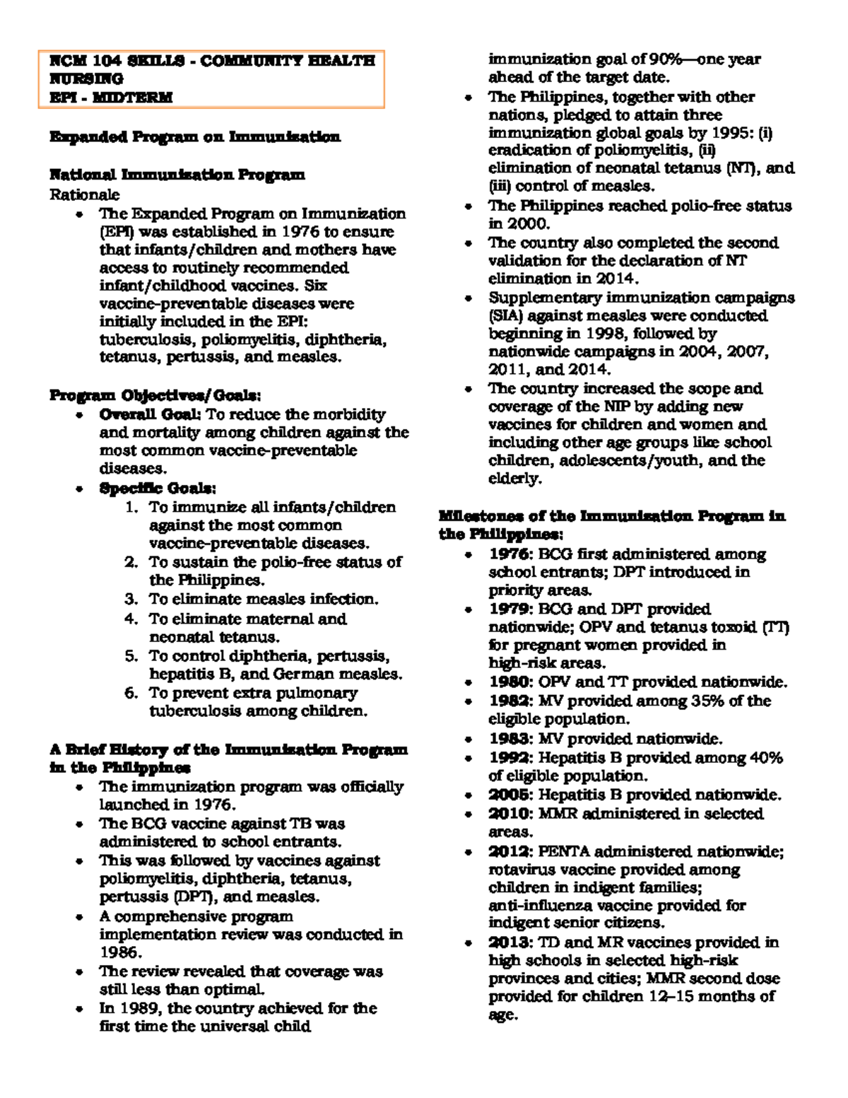 NCM 104 Community Health Nursing EPI Midterm Review Notes - Studocu