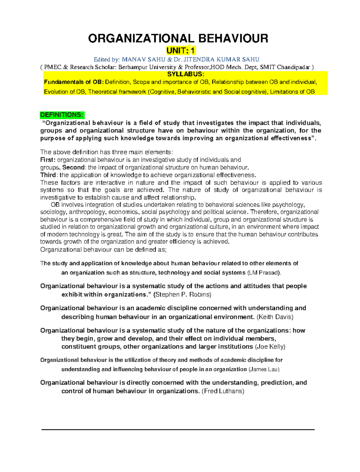 OB Theories Notes - ORGANIZATIONAL BEHAVIOUR UNIT: 1 Edited by: MANAV ...