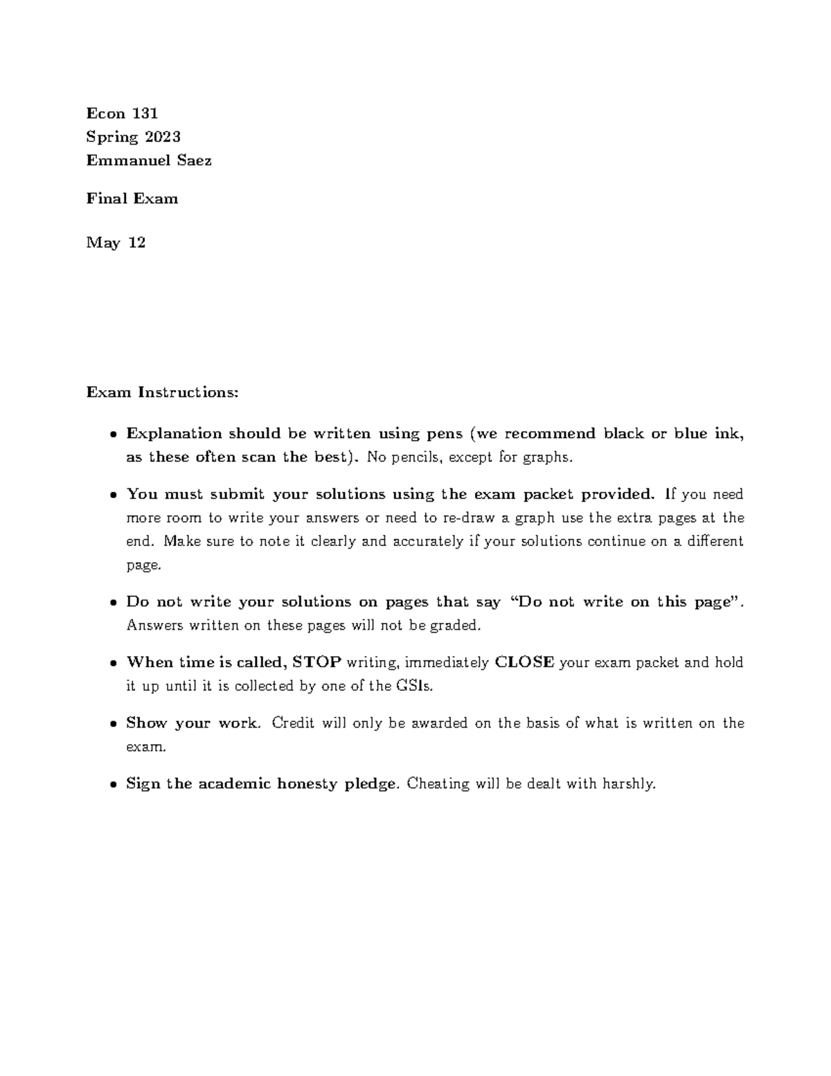 Econ 131 Spring 2023 Final Exam Instructions and Practice Questions ...