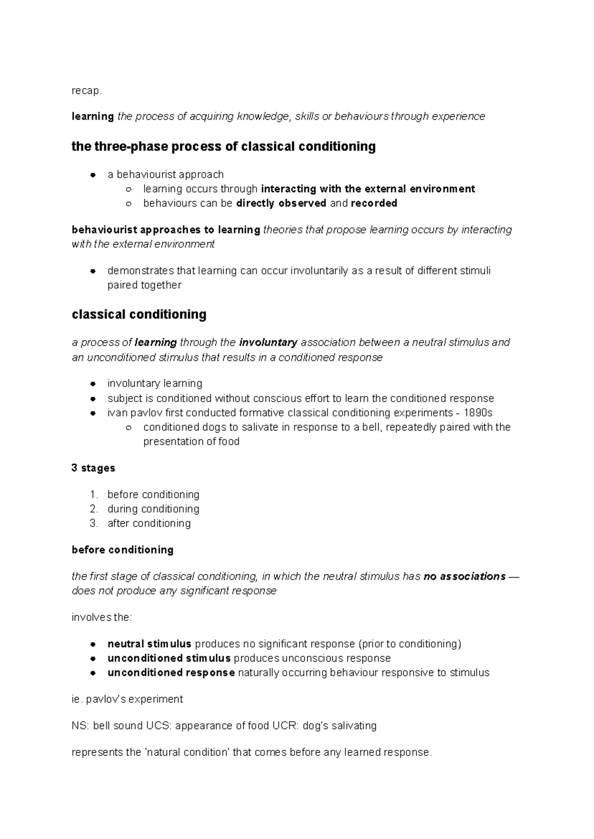 Psychology AOS2 notes: Classical conditioning and learning processes ...