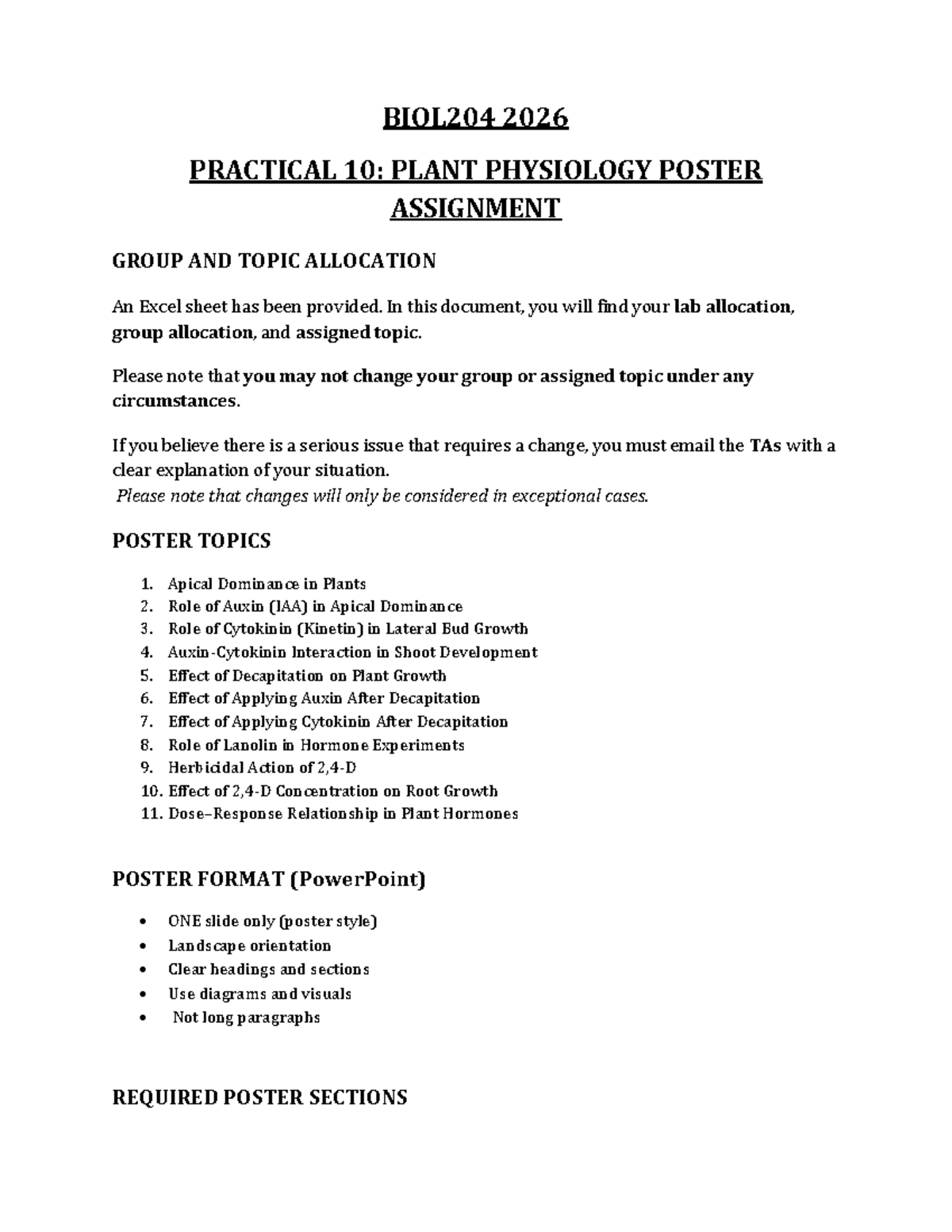 BIOL204 2026 Practical 10: Plant Physiology Poster Assignment ...