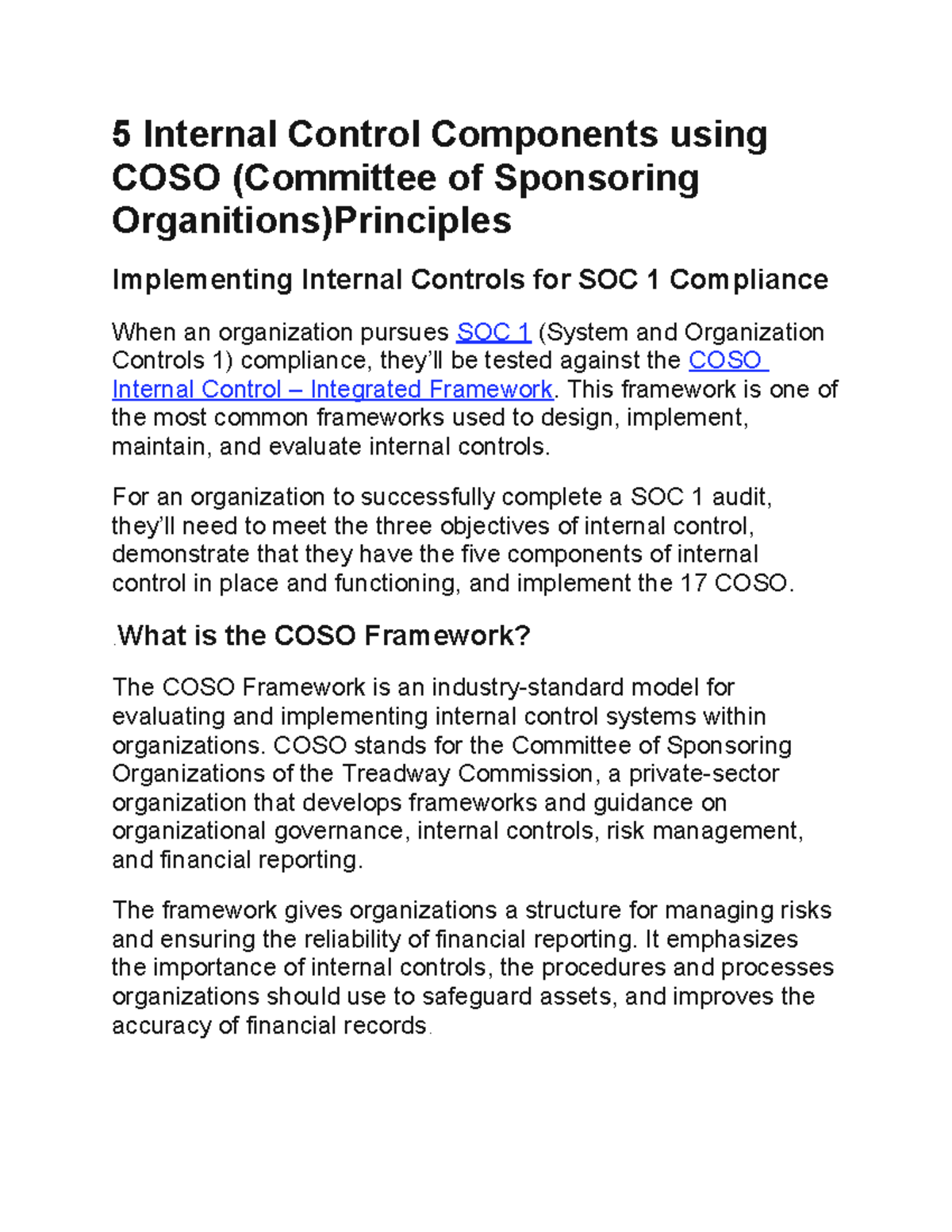 5 Internal Control Components for SOC 1 Compliance Using COSO - Studocu