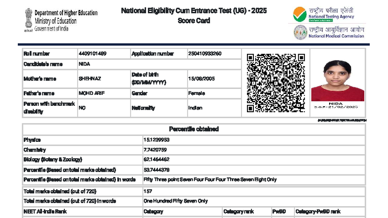 NEET (UG) 2025 Score Card and Important Information - Studocu