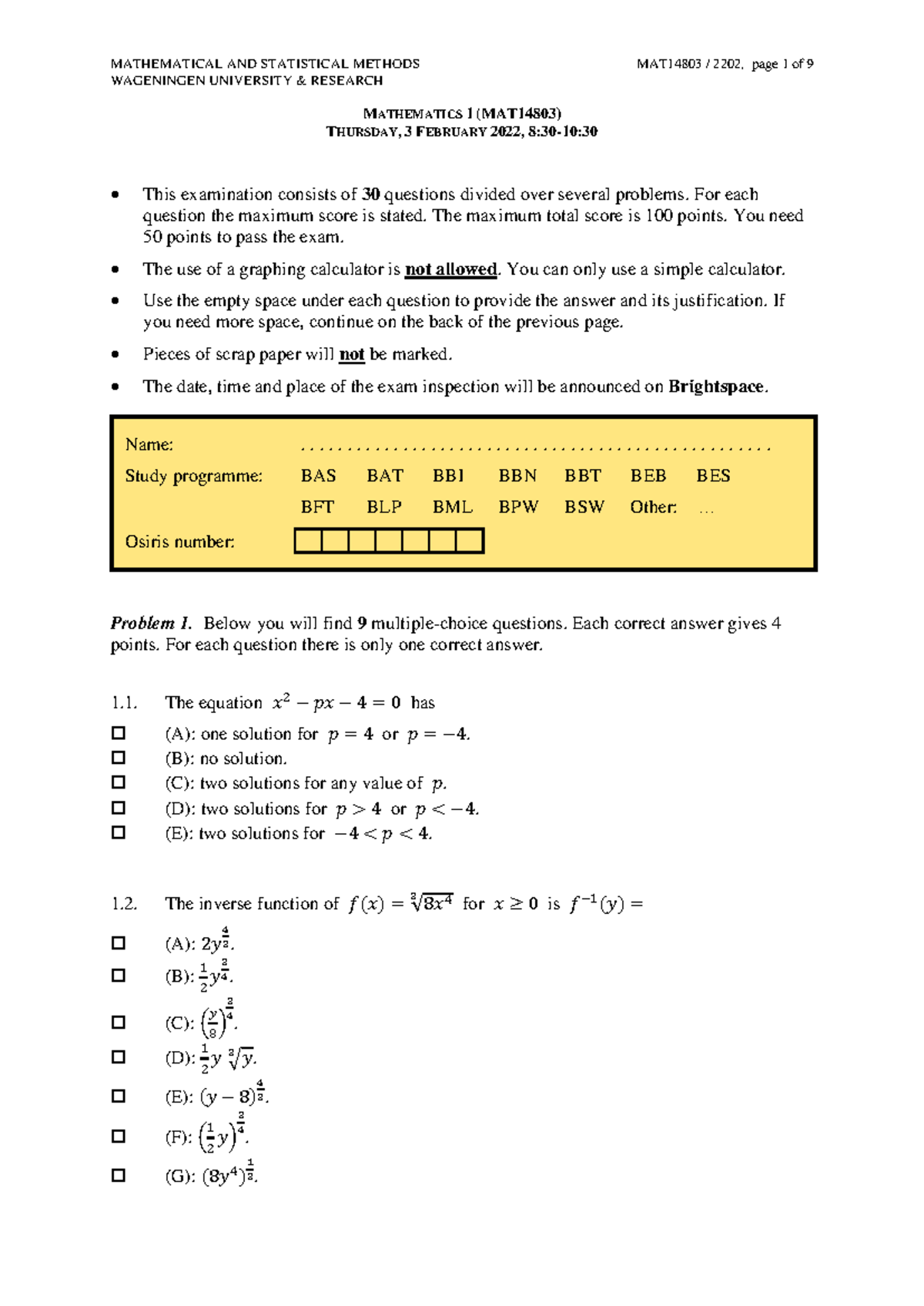 Math1-2202 Example Exam A: Full Mathematical & Statistical Methods ...