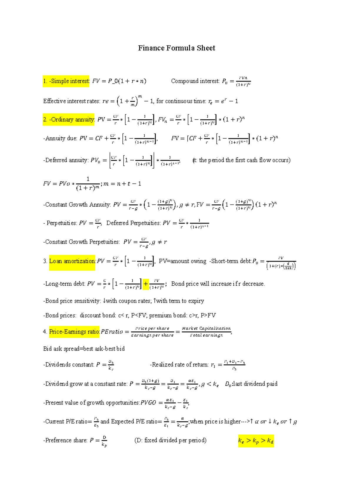 Finance Formula Sheet - notes - Finance Formula Sheet Simple interest ...