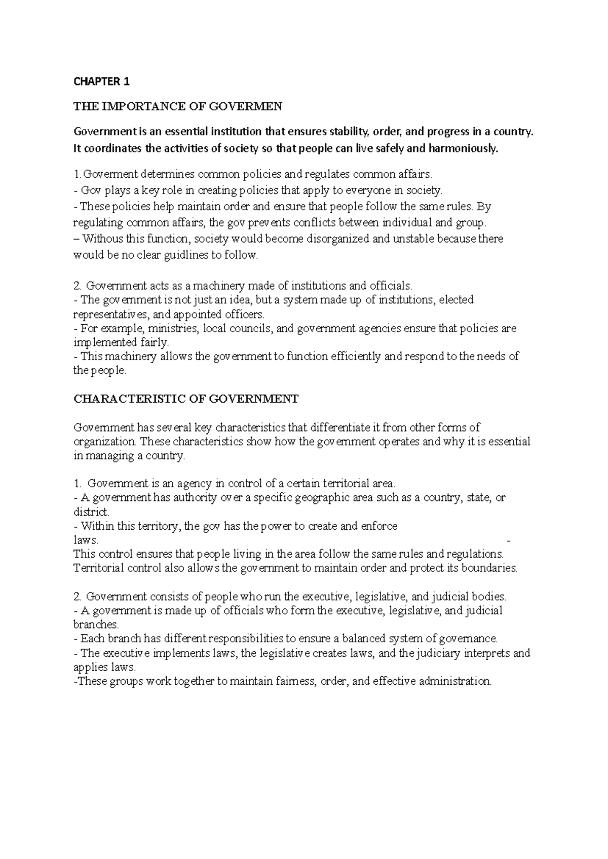 CHAPTER 1: THE IMPORTANCE OF GOVERNMENT - Key Functions & Forms - Studocu