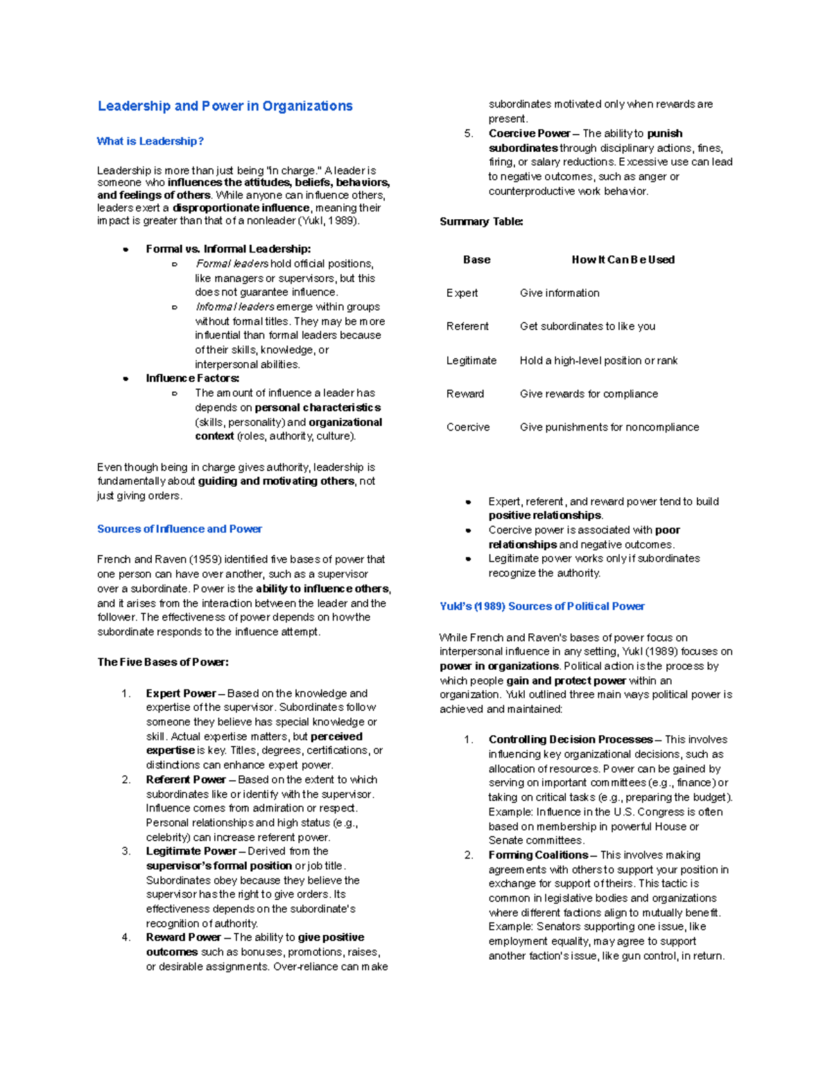 Leadership IO - Notes on Power Dynamics and Influence - Studocu