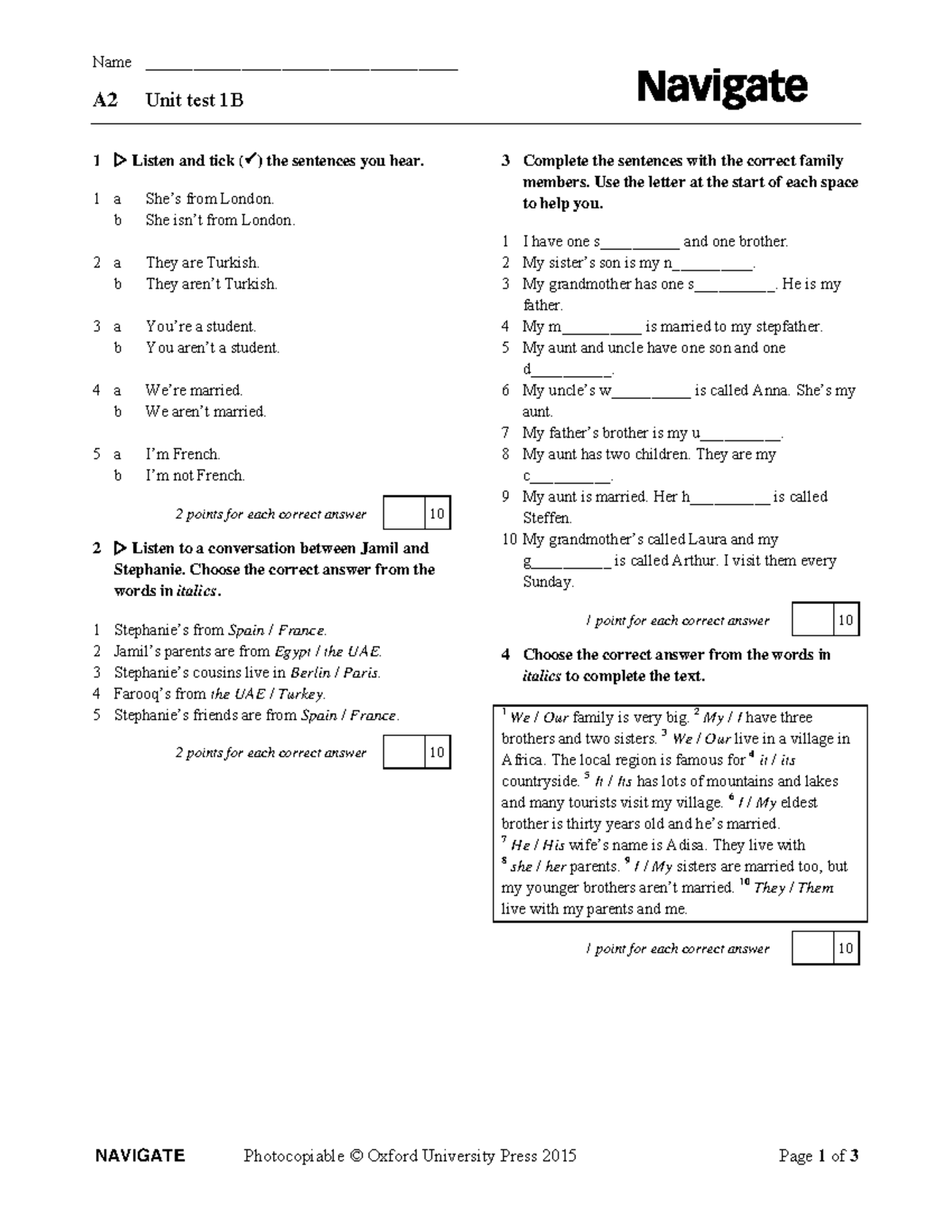 A2 Unit Test 1B: Listening, Vocabulary, and Grammar Practice - Studocu
