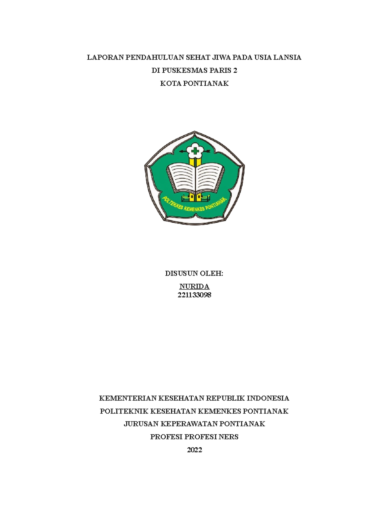 Laporan Pendahuluan Sehat Jiwa Lansia di Puskesmas Paris 2 (KO 2022) - Document Preview