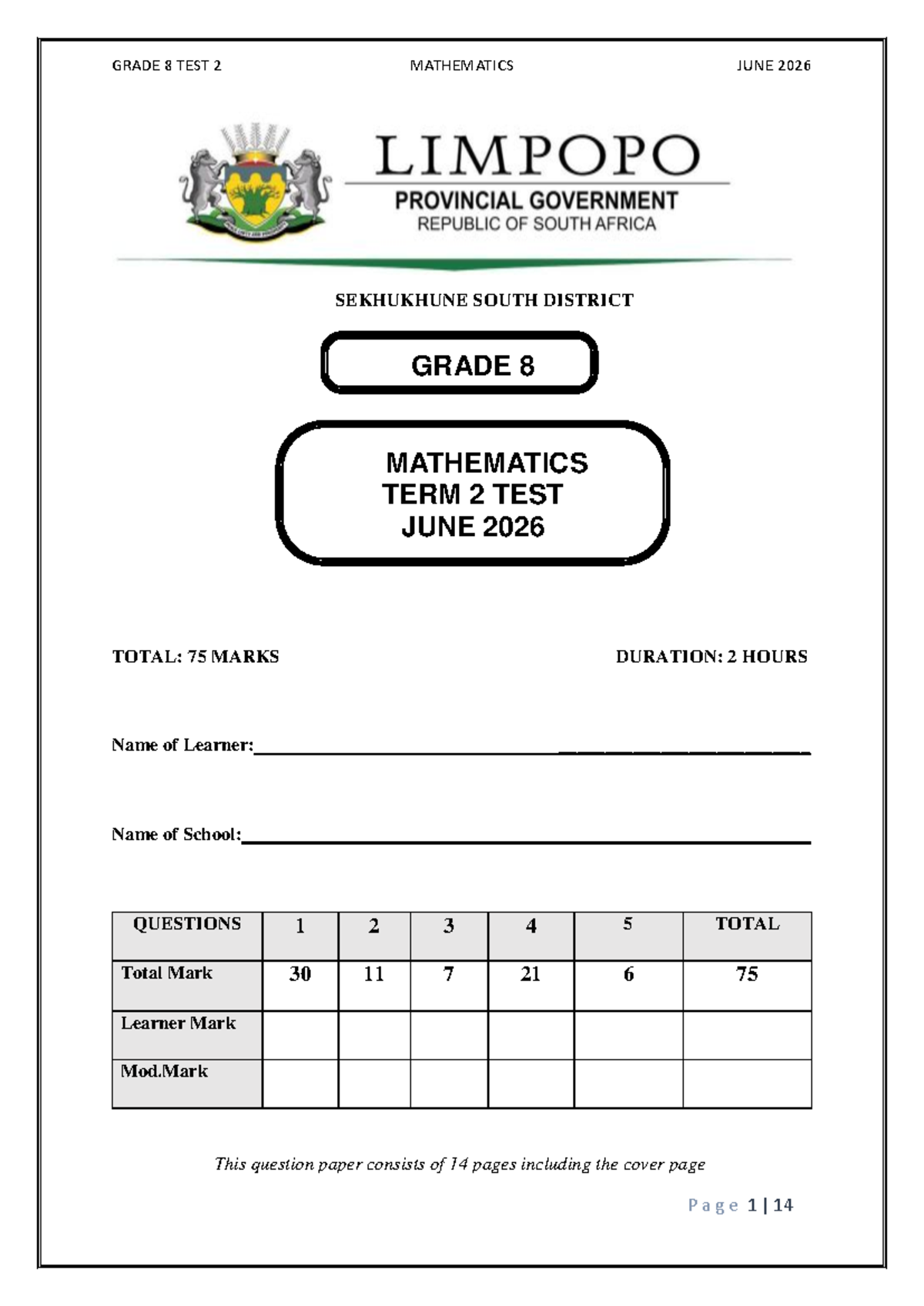 GRADE 8 MATHEMATICS TERM 2 TEST JUNE 2026 - Limpopo - Studocu