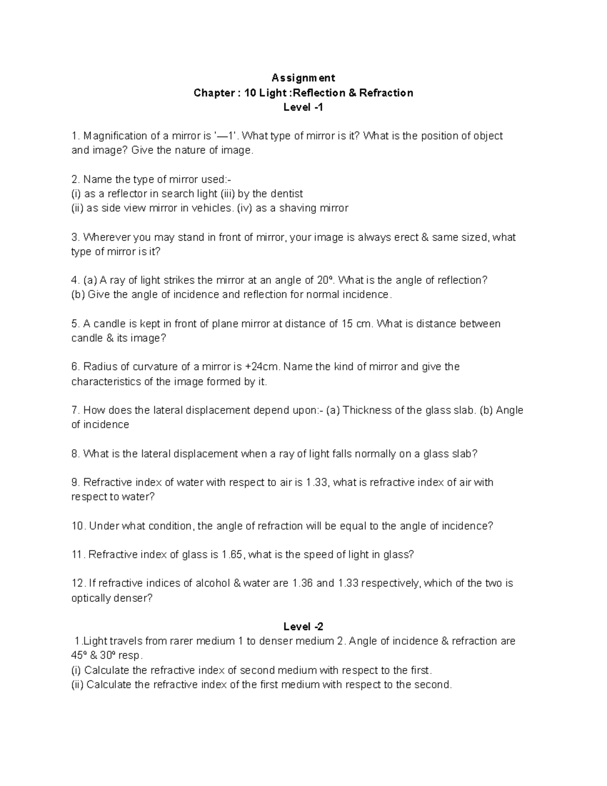 Physics Ch. 10 Assignment: Light, Reflection & Refraction Level 1 - Studocu