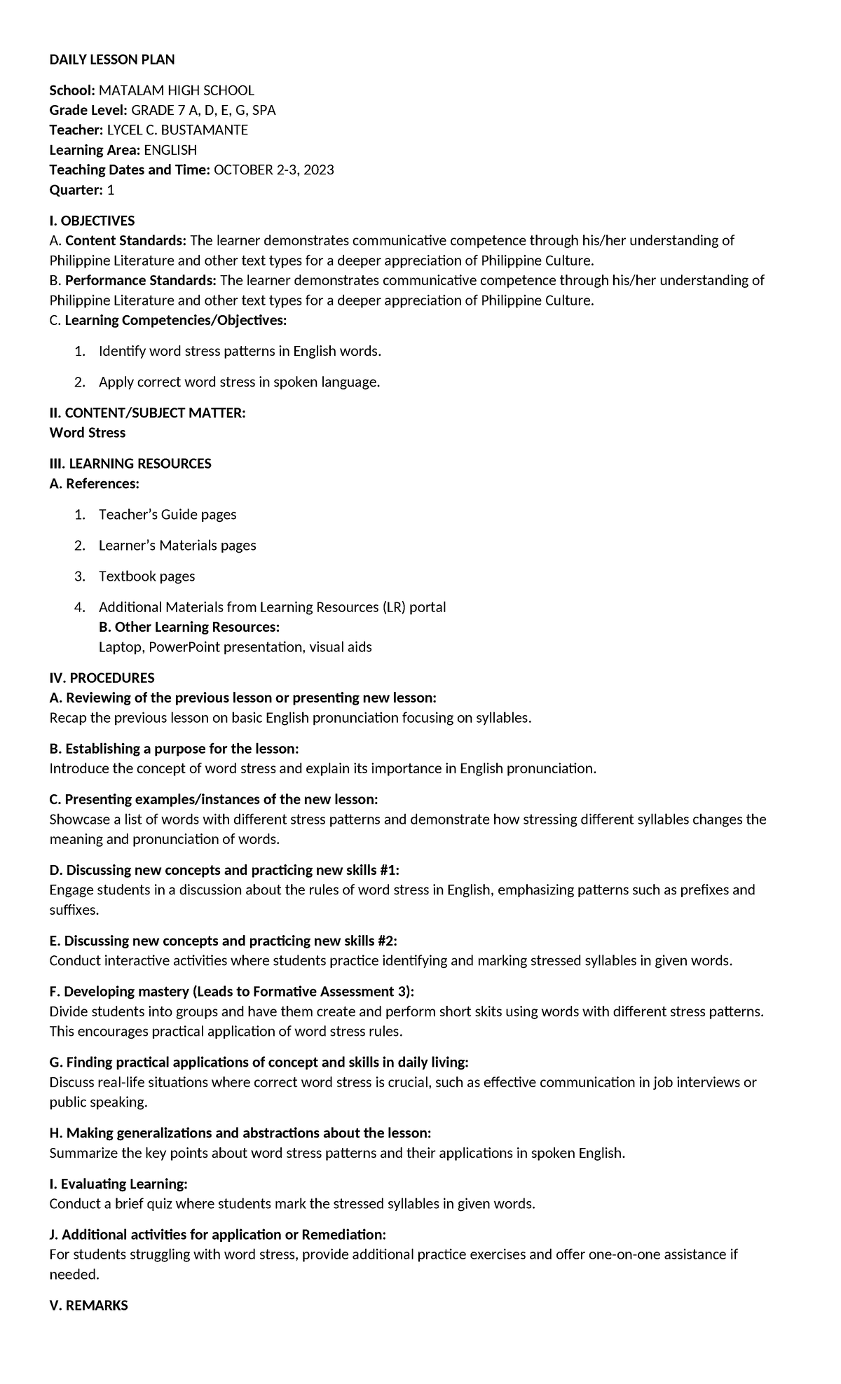 Daily Lesson PLAN - DLL - DAILY LESSON PLAN School: MATALAM HIGH SCHOOL ...