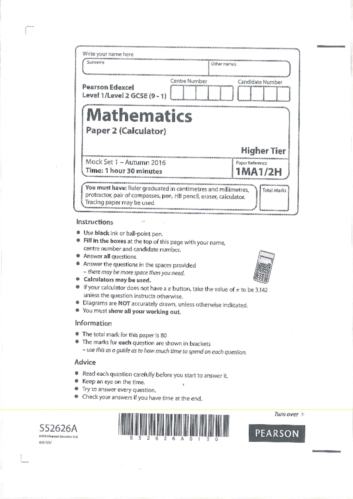 GCSE Mathematics 2H - Mock Paper 2 Worked Solutions (Autumn 2016) - Studocu