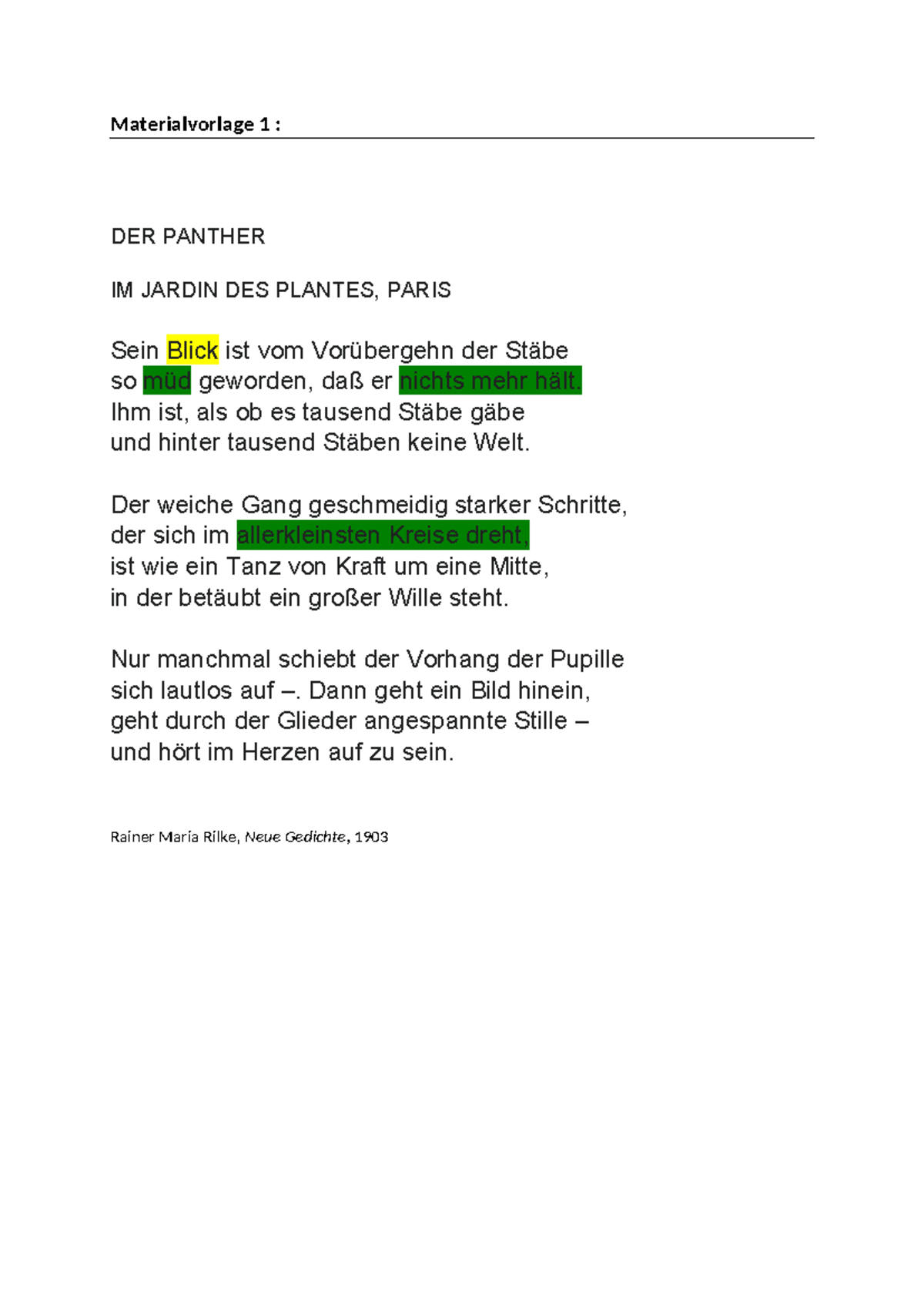 rilke der panther - Materialvorlage 1 : DER PANTHER IM JARDIN DES ...