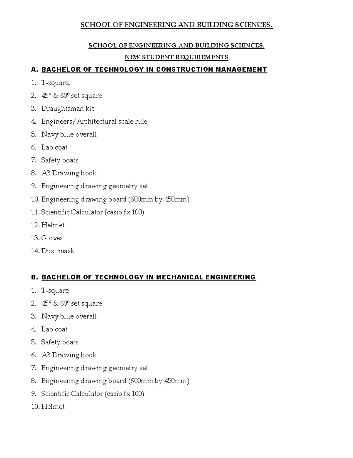 New Student Requirements for B.Tech Programs in Engineering - Studocu