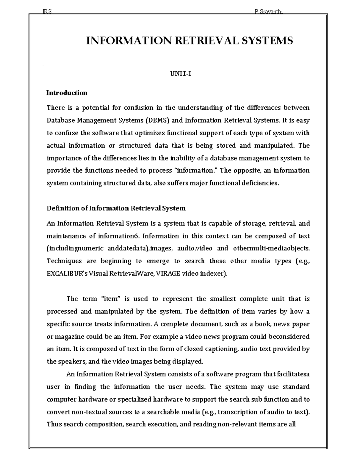 IRS P.Sravanthi Information Retrieval Systems: Unit I Notes - Studocu