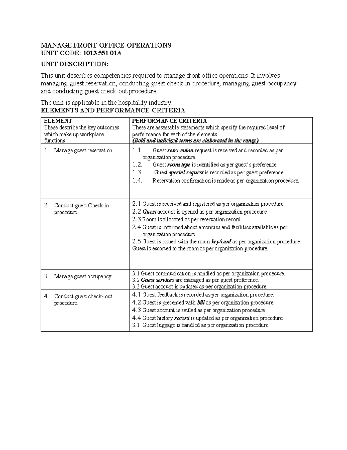Managing Front Office Operations: Unit 1013 551 01A Guide - Studocu