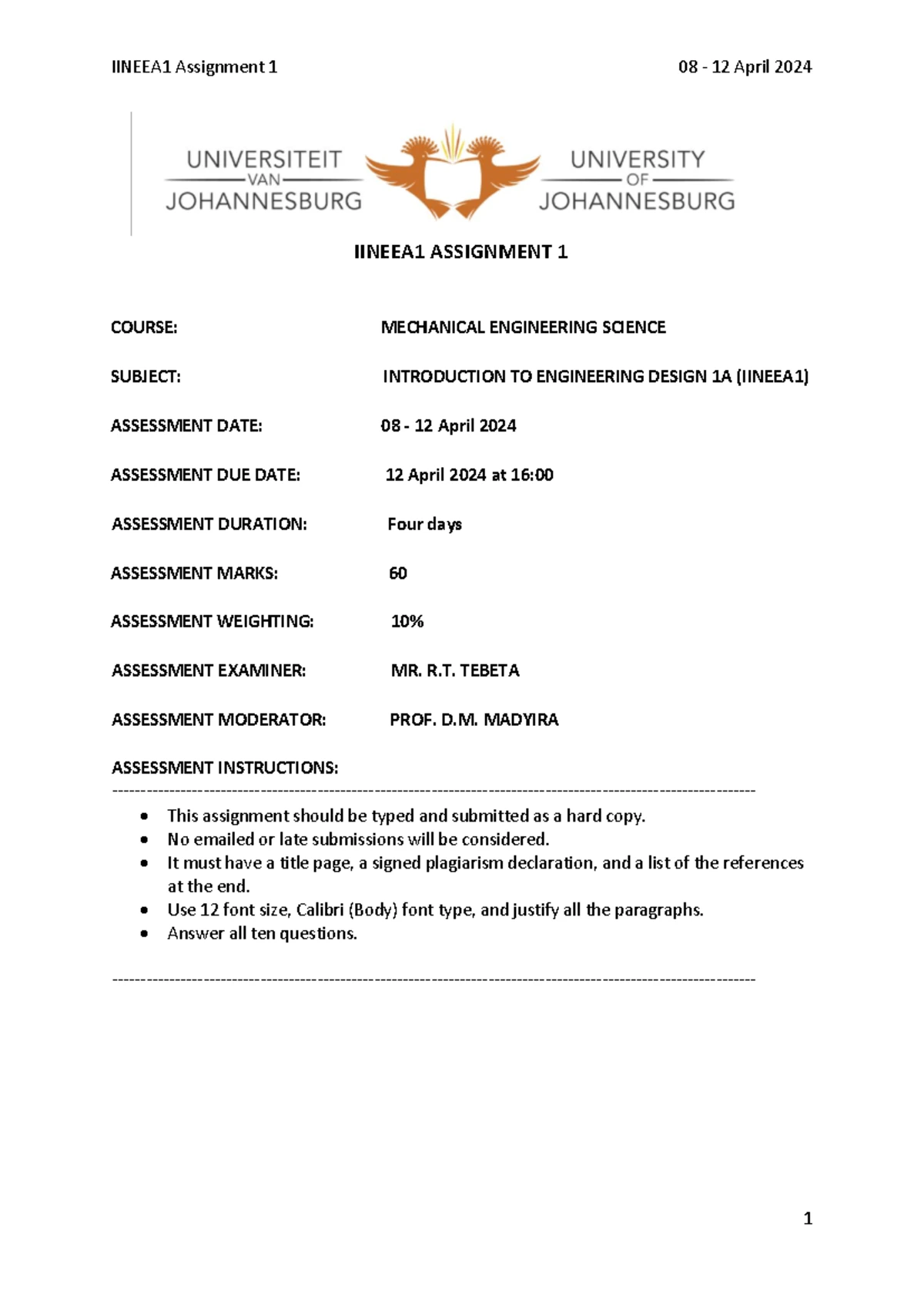 IINEEA1/IIN1A1 Intro to Engineering Design 1A Study Guide - Rev 2023 ...