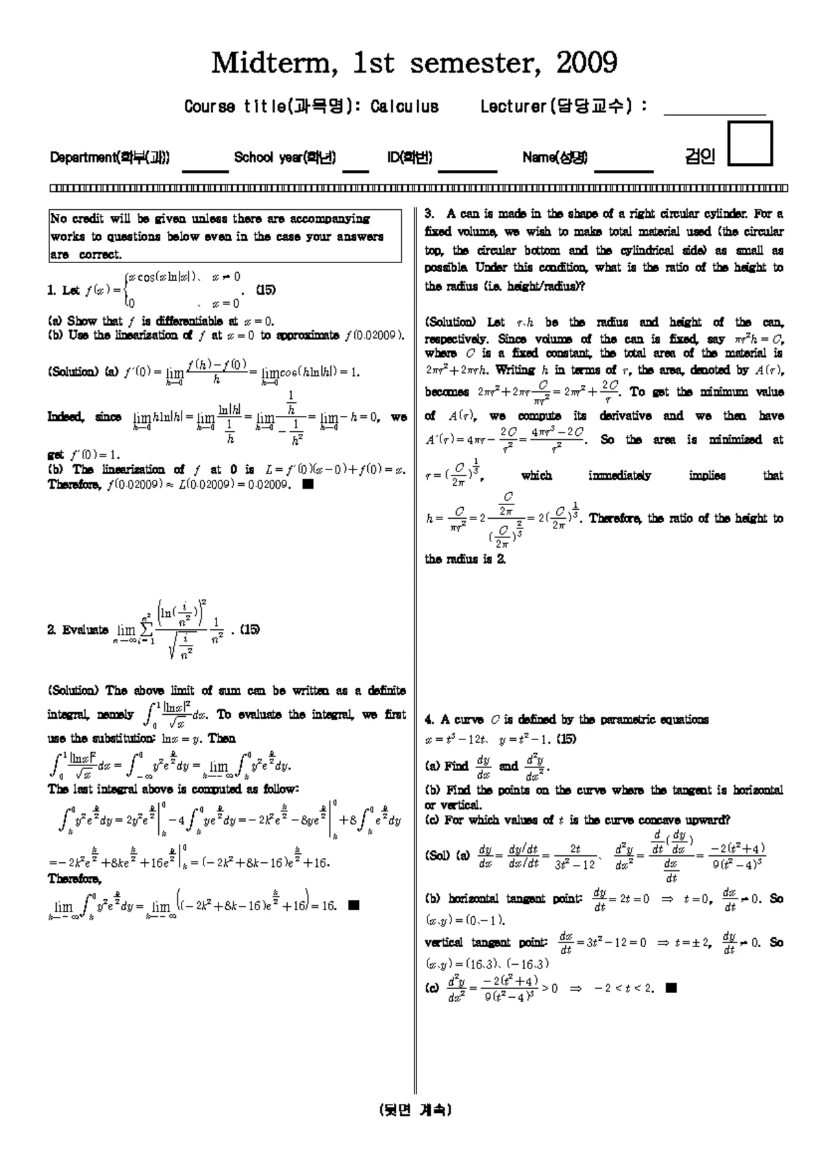 Calculus 1 (MATH101) Midterm exam review notes and solutions - Studocu