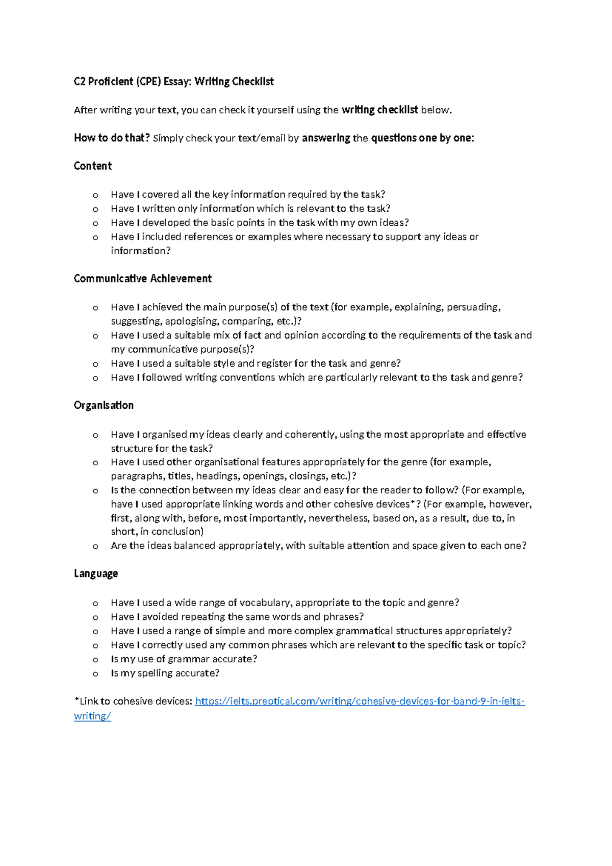C2 Proficiency (CPE) Essay Writing Checklist for Self-Assessment ...