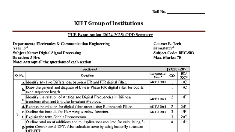 DSP PUE - Digital Signal Processing Exam Notes (B.Tech 5th Sem) - Studocu