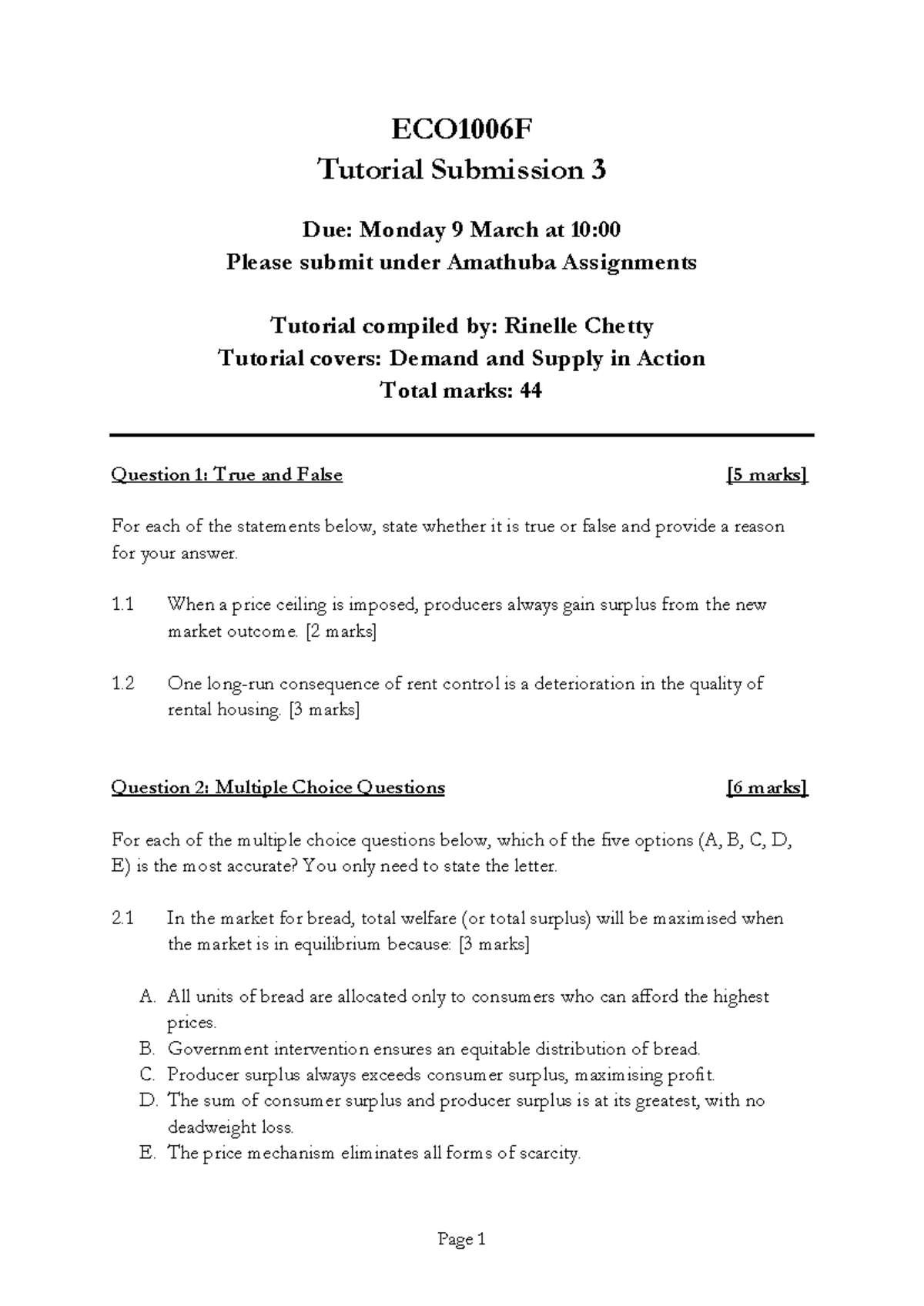 ECO1006F Tutorial 3: Demand & Supply Analysis and Price Controls - Studocu