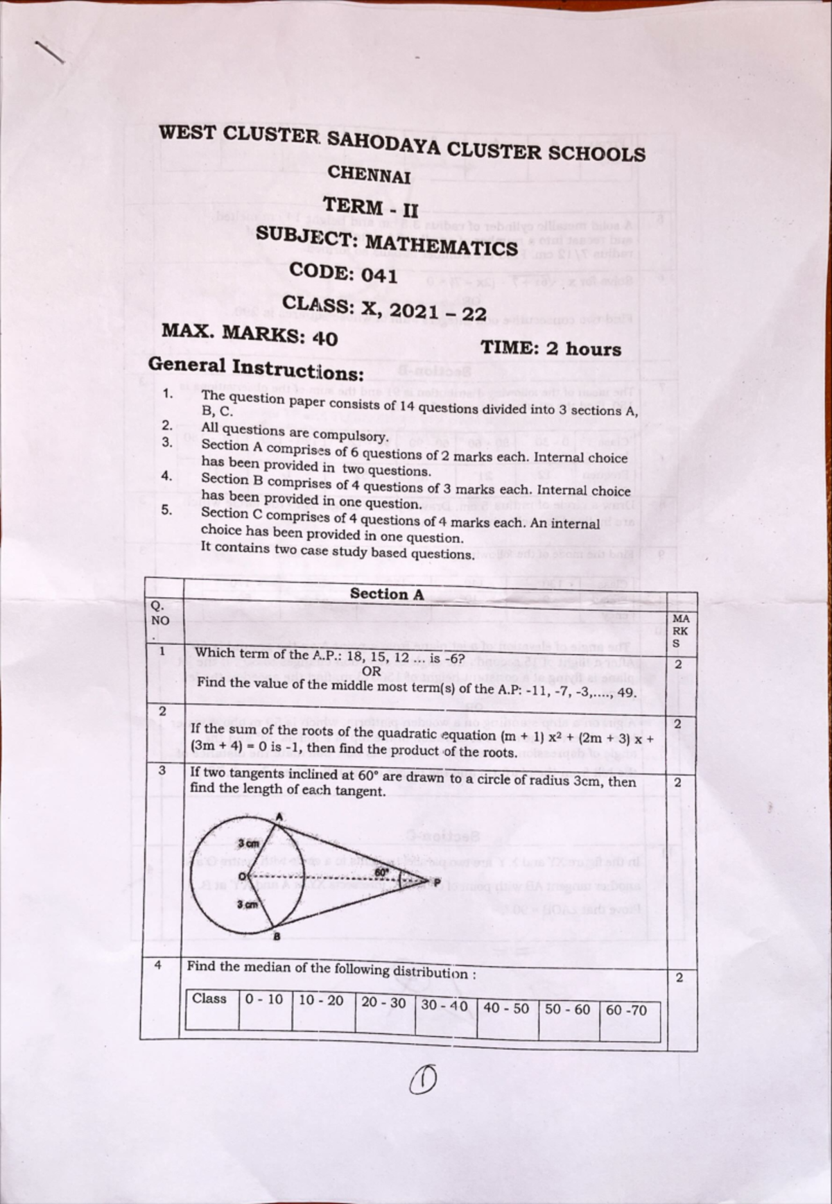 Mathematics Term m Class X Exam Paper - Code 041, Max Marks 40 - Studocu