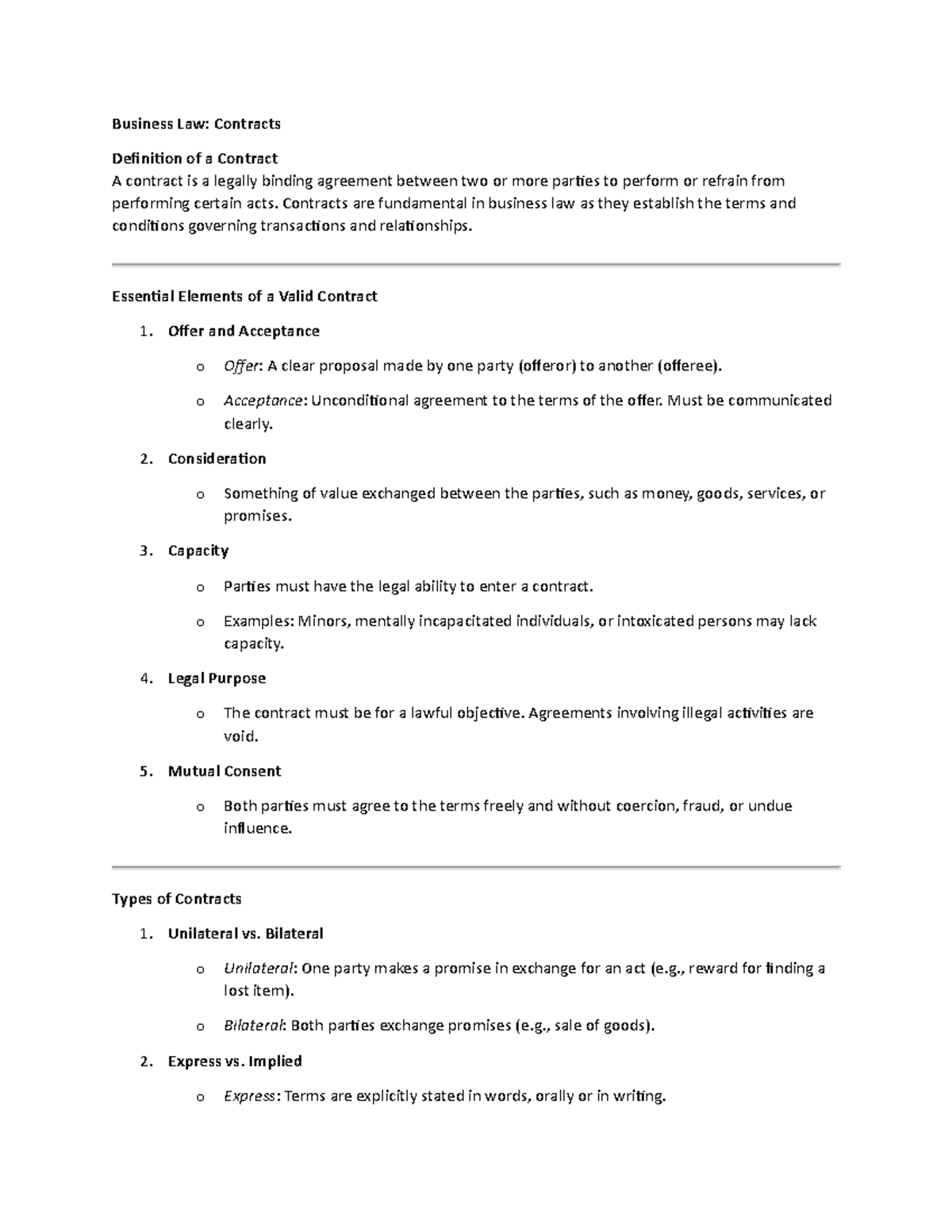 Business Law 1: Key Concepts of Contracts and Their Elements - Studocu