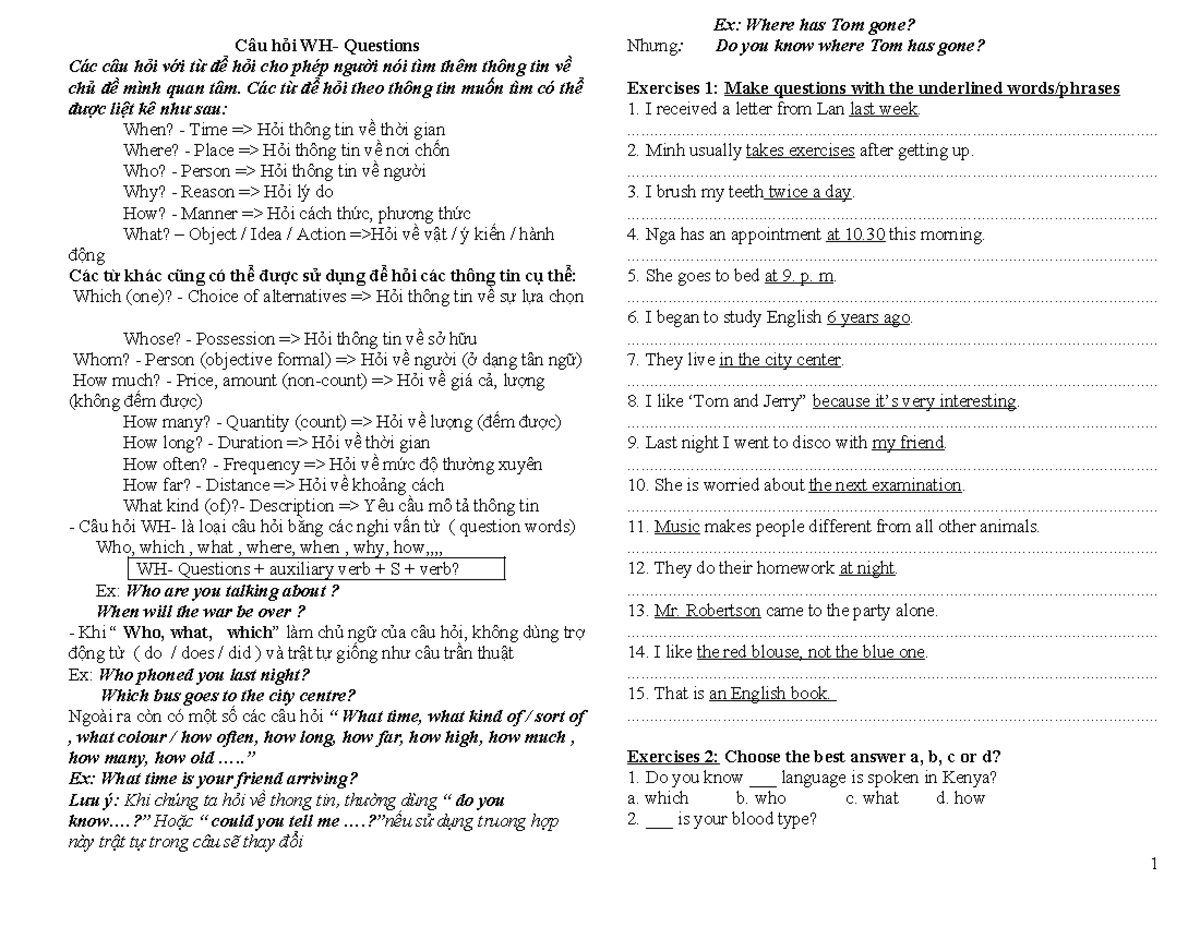 wh qs practice 123 - Câu hỏi WH- Questions Các câu hỏi với từ để hỏi ...