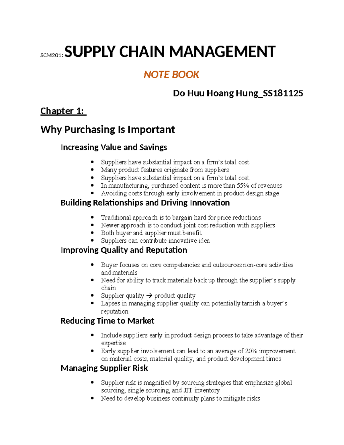 SCM201 Note Book - summarize of chapter one - SCM201: SUPPLY CHAIN ...