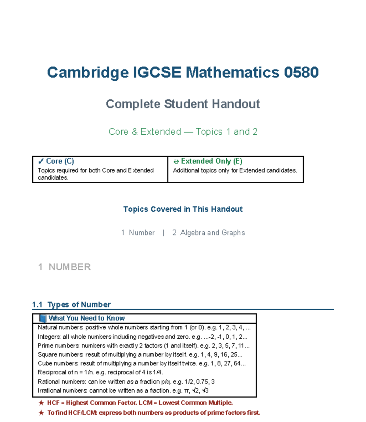 Cambridge IGCSE Mathematics 0580 Complete Handout for Topics 1 & 2 ...
