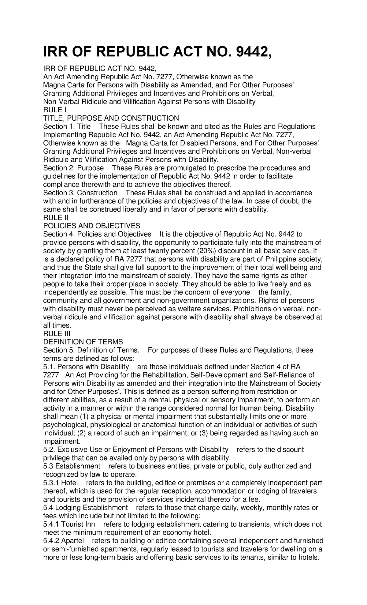 IRR OF Republic ACT NO 9422 - IRR OF REPUBLIC ACT NO. 9442, IRR OF ...