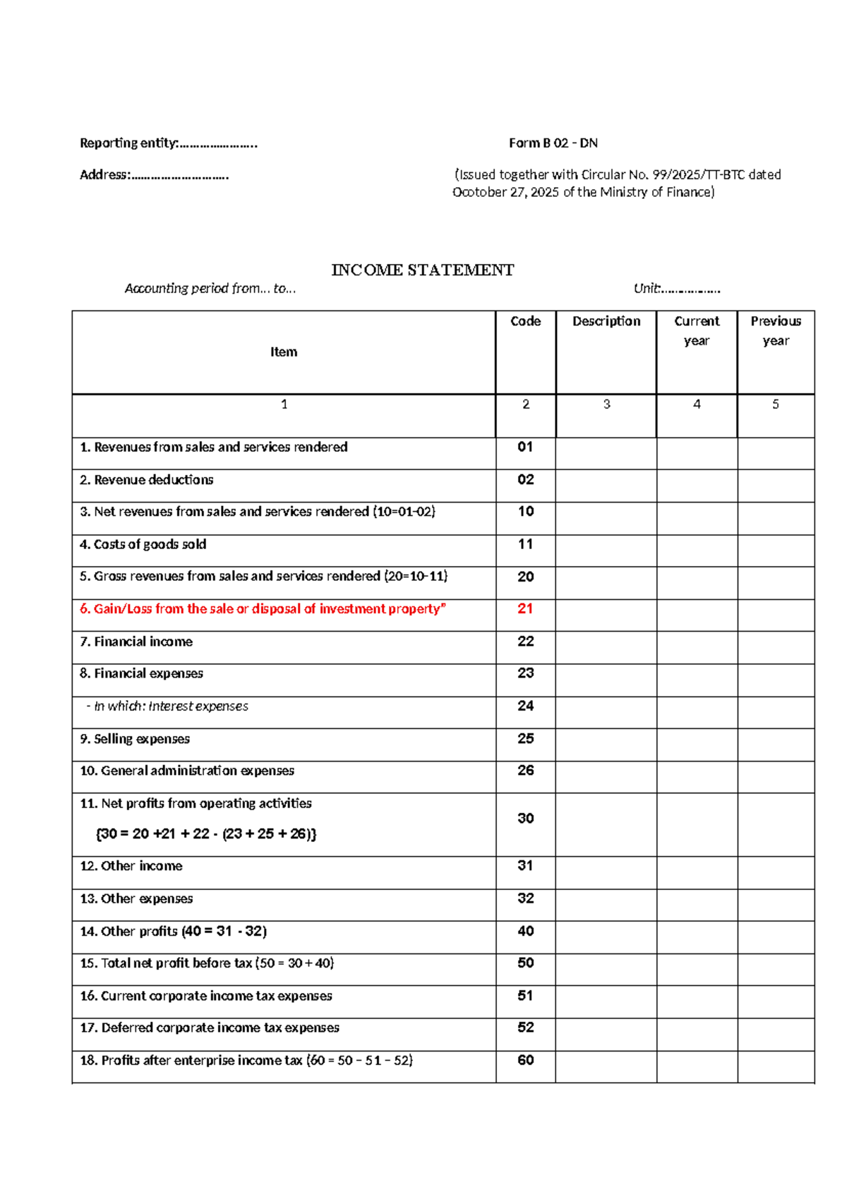 Income Statement Reporting Form B 02 DN - Cir 99 - Studocu