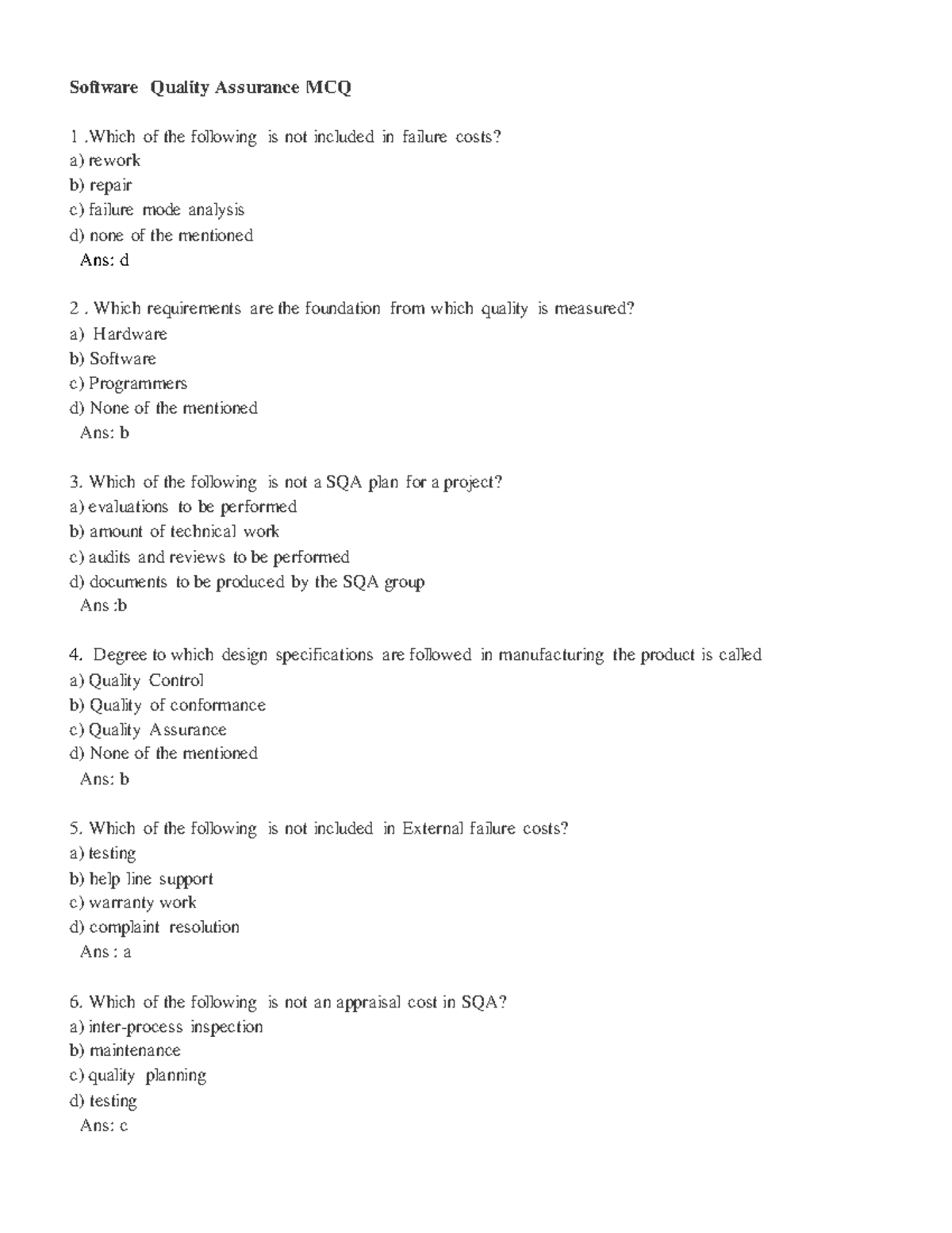 SQA MCQ Compilation for Course SQA 101 - Comprehensive Review - Studocu