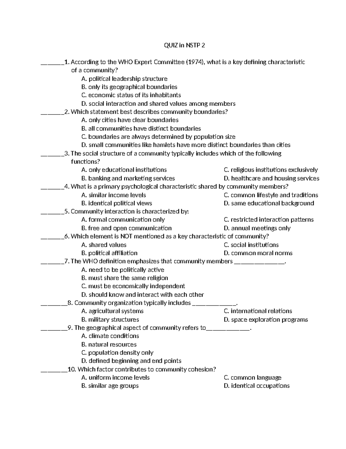 QUIZ NSTP2 - ... - QUIZ in NSTP 2 _______1. According to the WHO Expert ...
