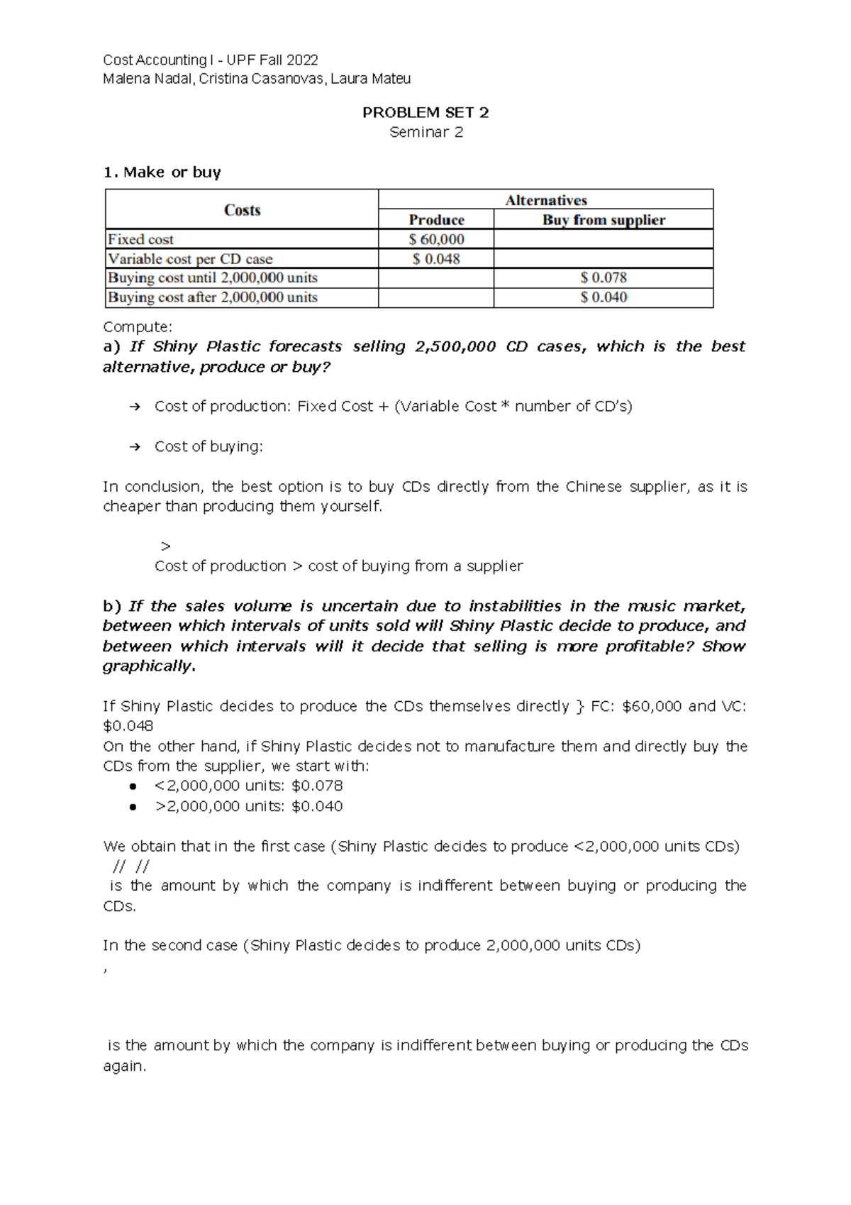 Cost Accounting I - Problem Set 2 Analysis and Solutions - Studocu