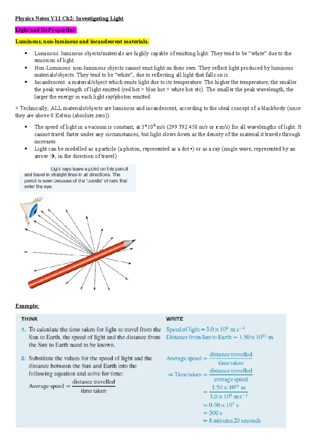Physics Notes Y11 2024 Ch2: Investigating Light and Its Properties ...