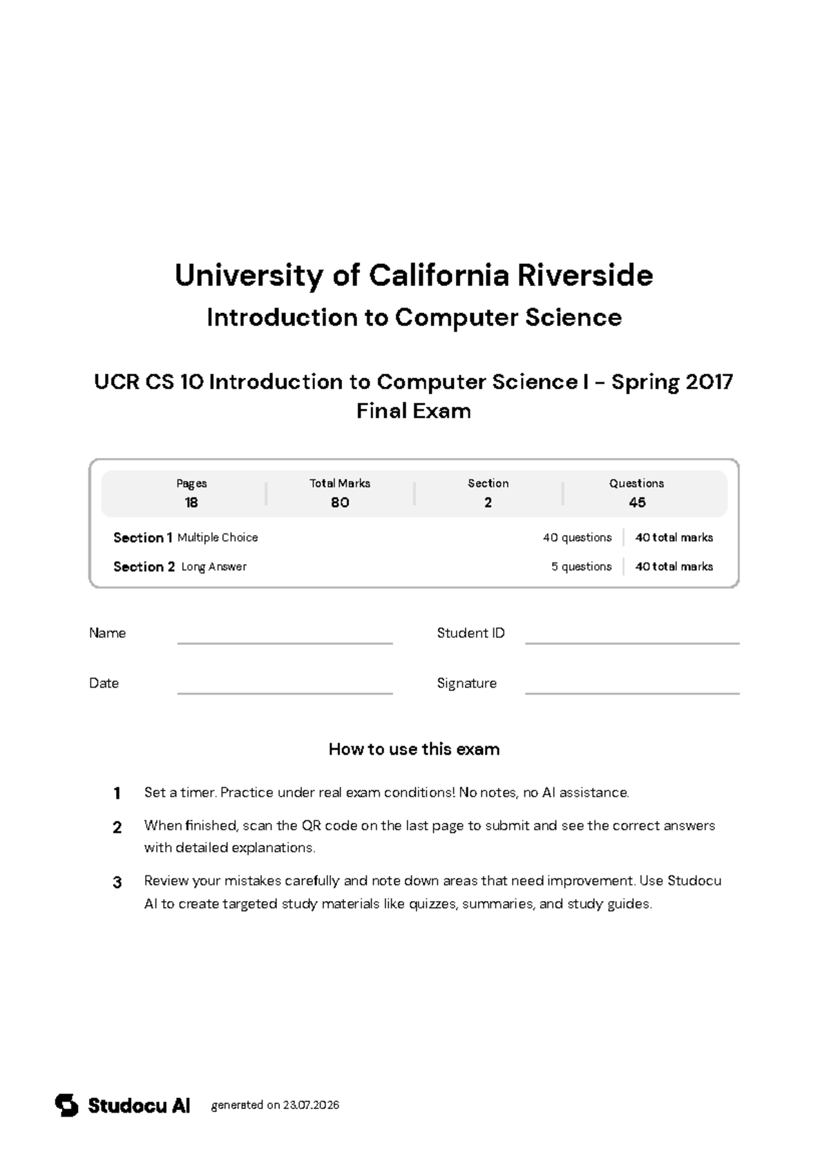 UCR CS 10 Intro to Computer Science I - Spring 2017 Final Exam - Studocu