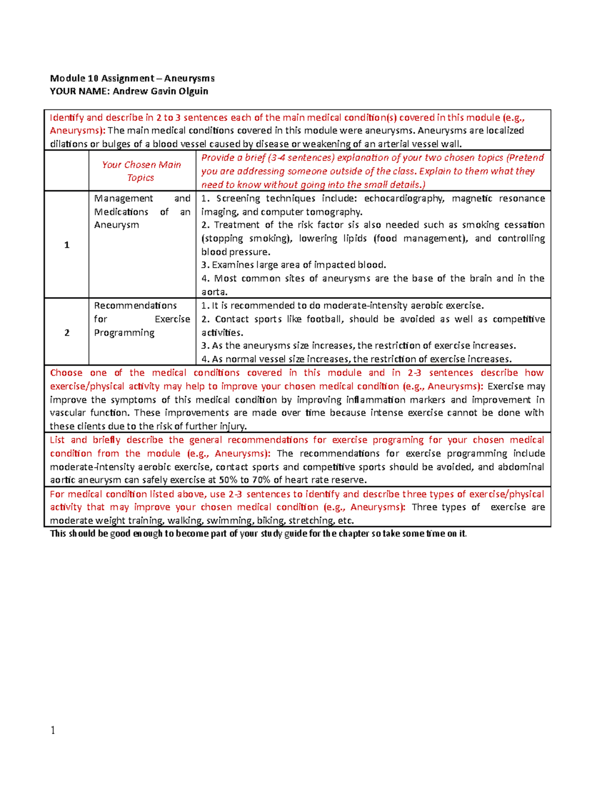 4324 Mod 10 Assignment Study Guide: Aneurysms Overview and Management ...
