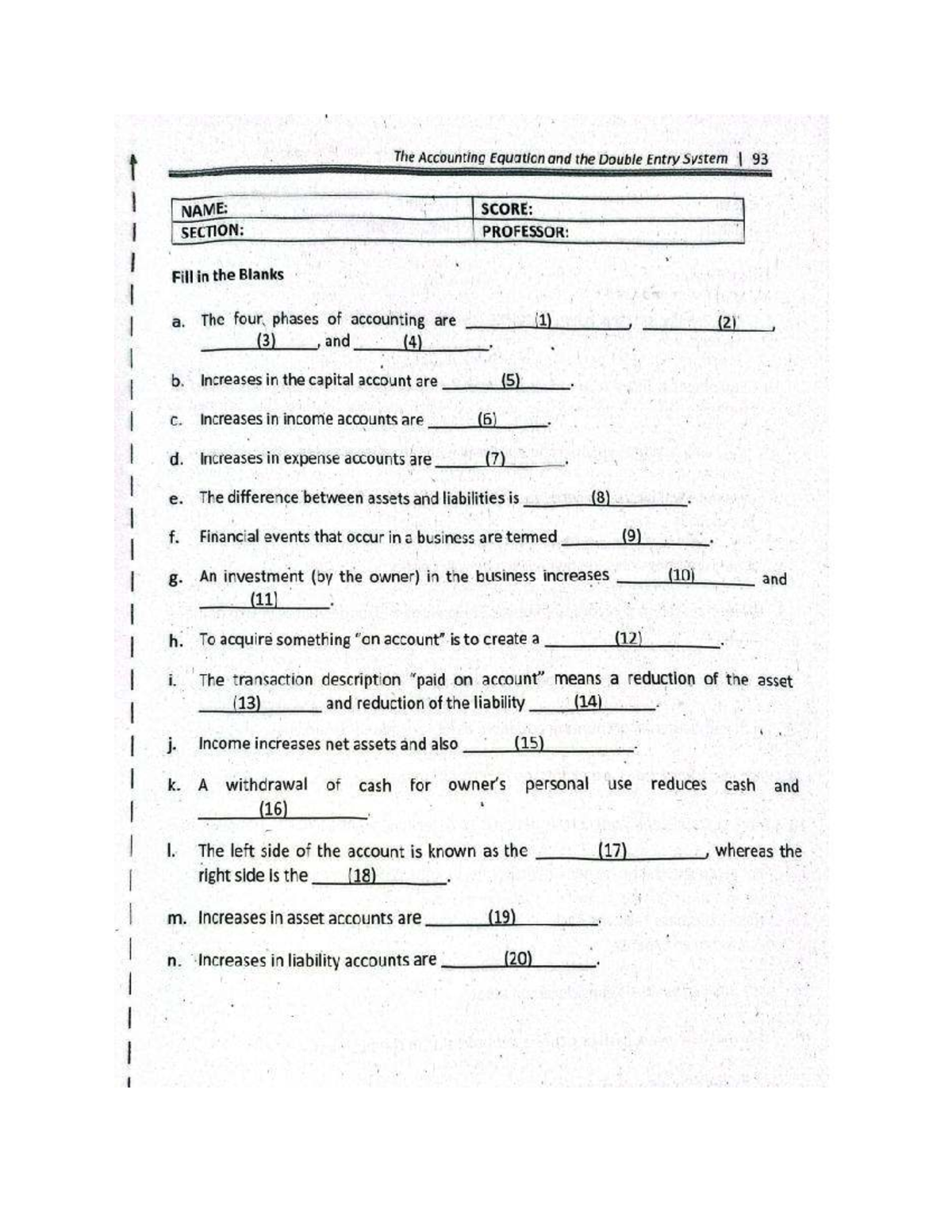 Accounting Equation & Double Entry System Pretest I 93 - Studocu